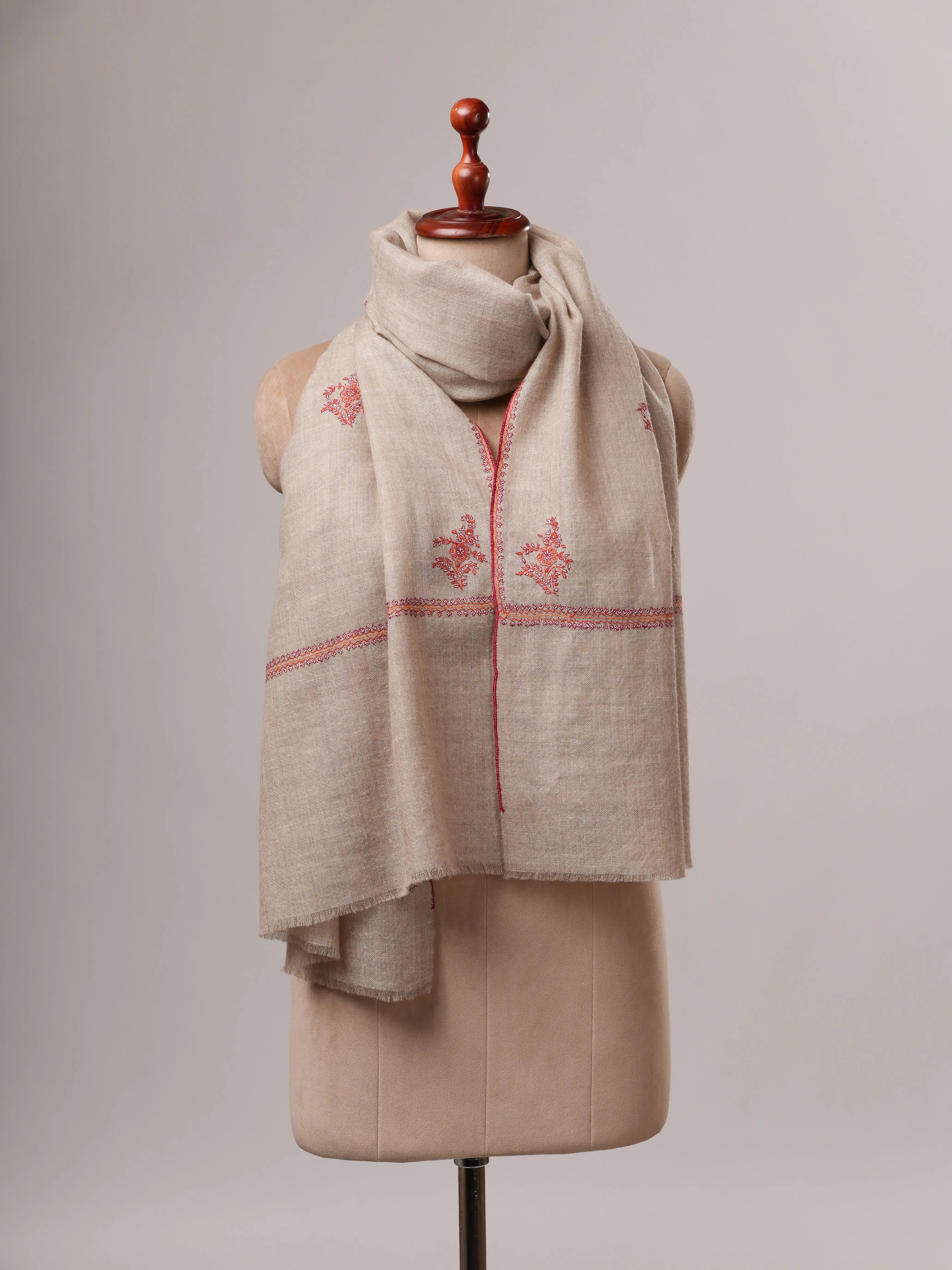 Contemporary Natural Grey Cashmere Scarf with Buteh Handwork Shahkaar