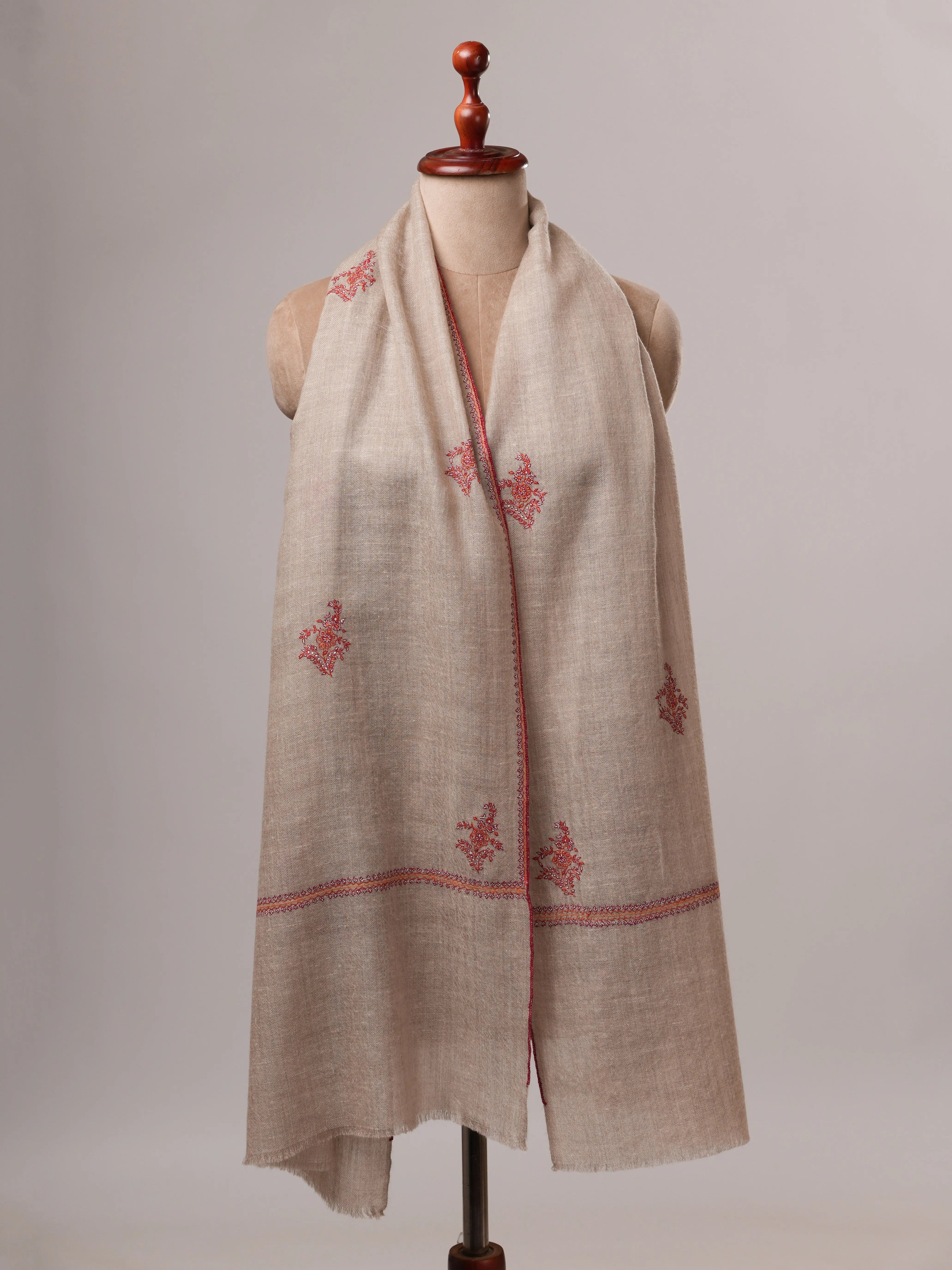 Contemporary Natural Grey Cashmere Scarf with Buteh Handwork Shahkaar