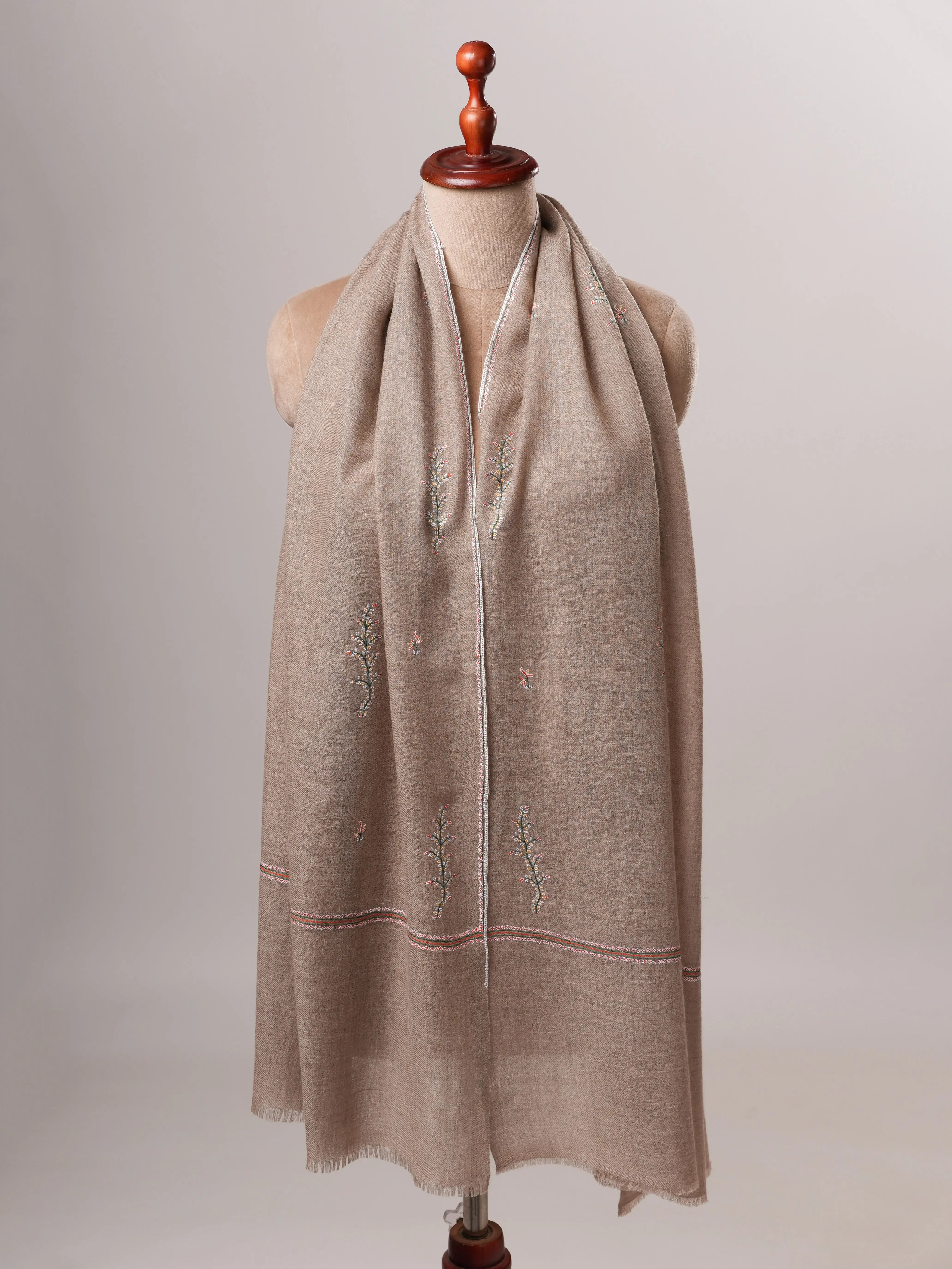 Contemporary Natural Grey Cashmere Scarf with Buteh Handwork Shahkaar