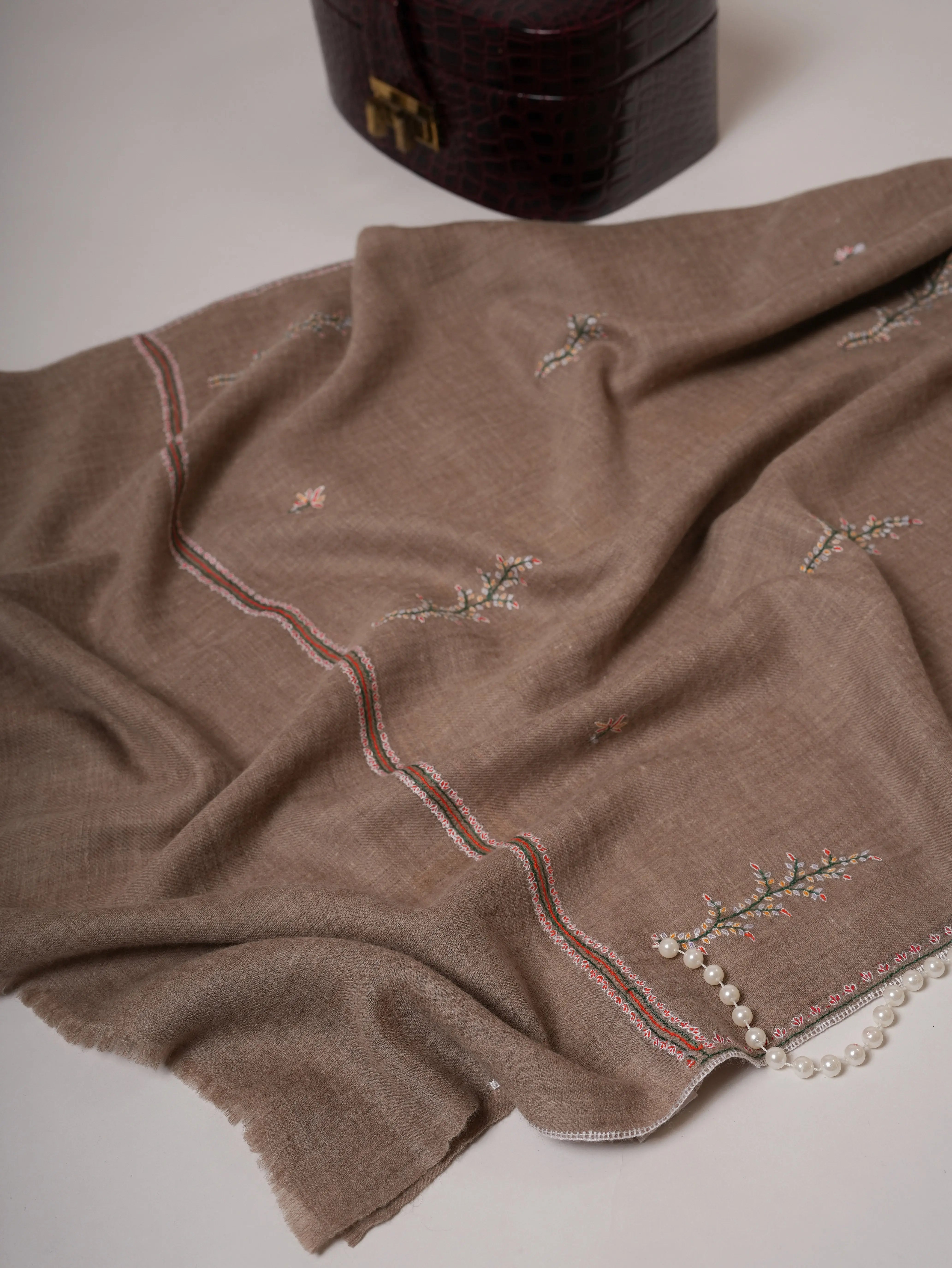 Contemporary Natural Grey Cashmere Scarf with Buteh Handwork Shahkaar