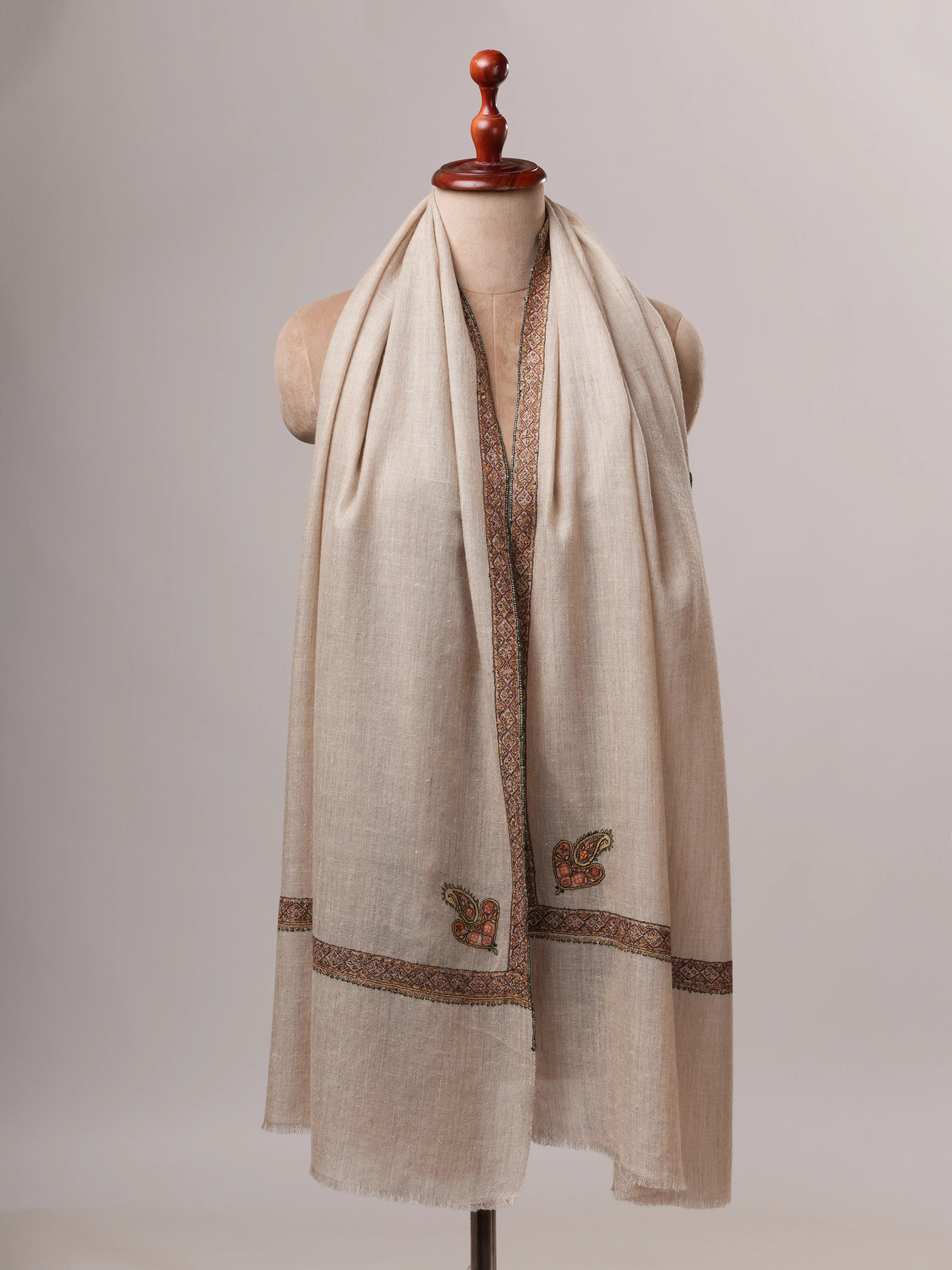 Contemporary Natural Grey Cashmere Scarf with Hashia Embroidery Shahkaar