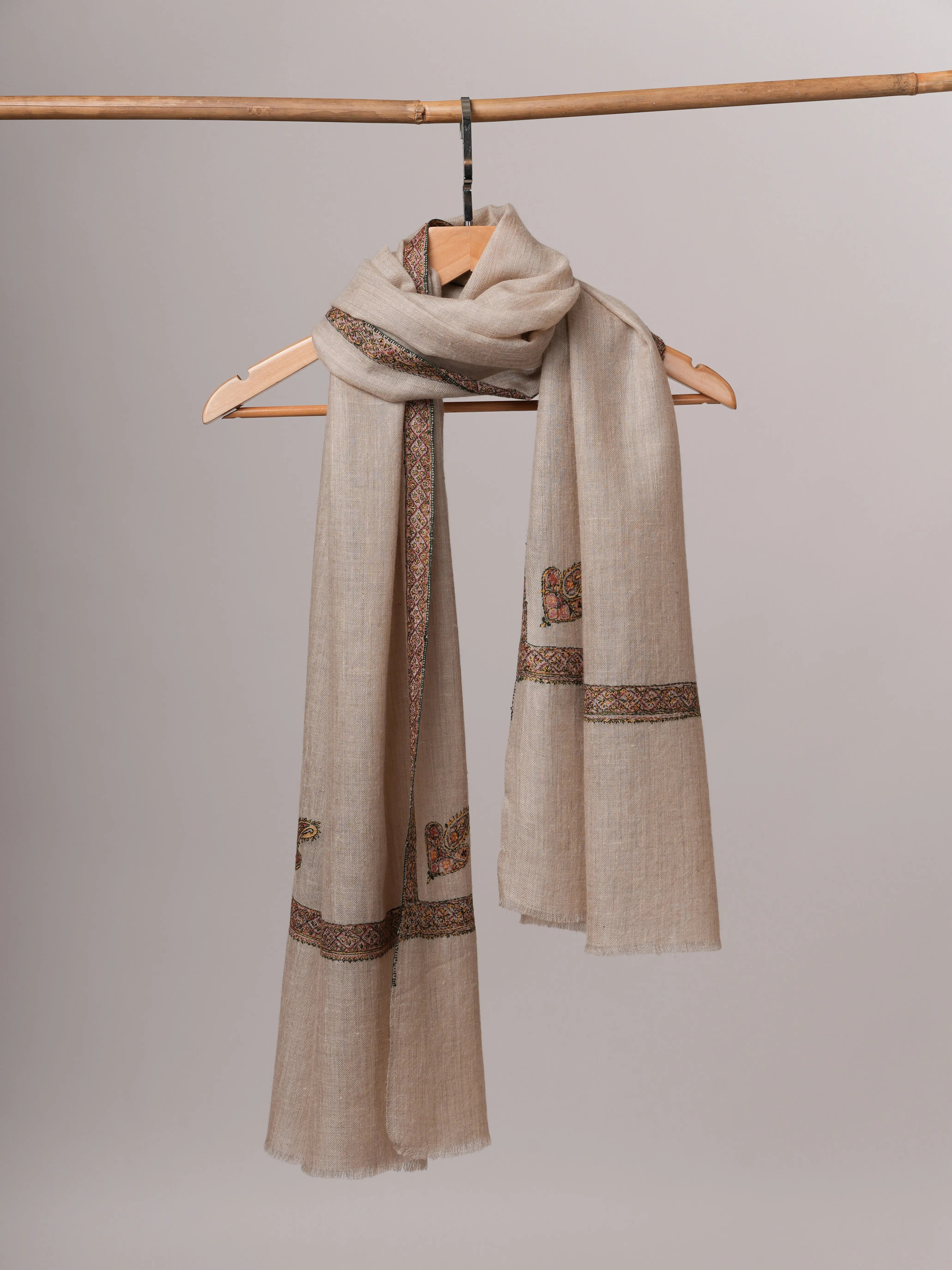 Contemporary Natural Grey Cashmere Scarf with Hashia Embroidery Shahkaar