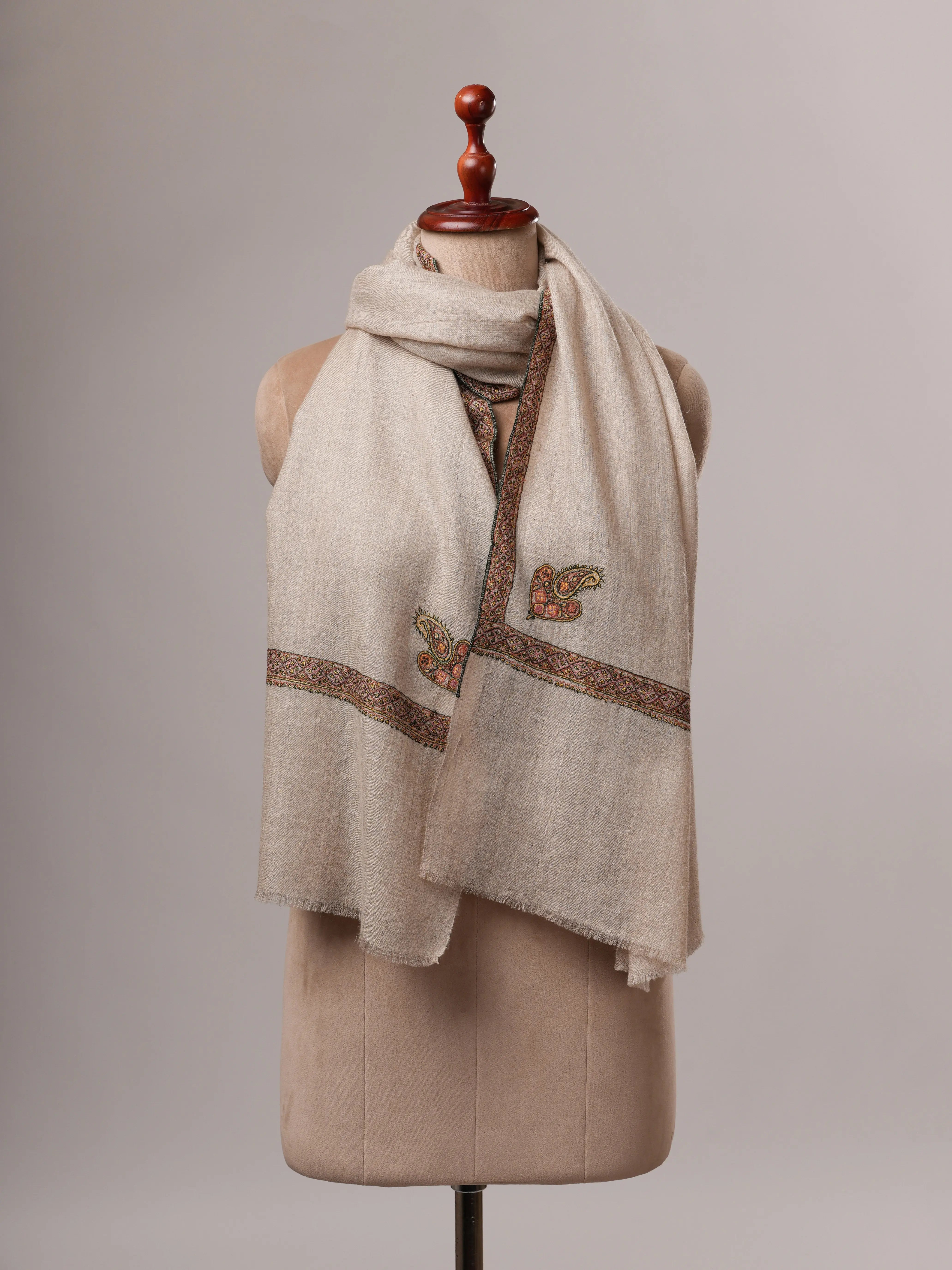 Contemporary Natural Grey Cashmere Scarf with Hashia Embroidery Shahkaar