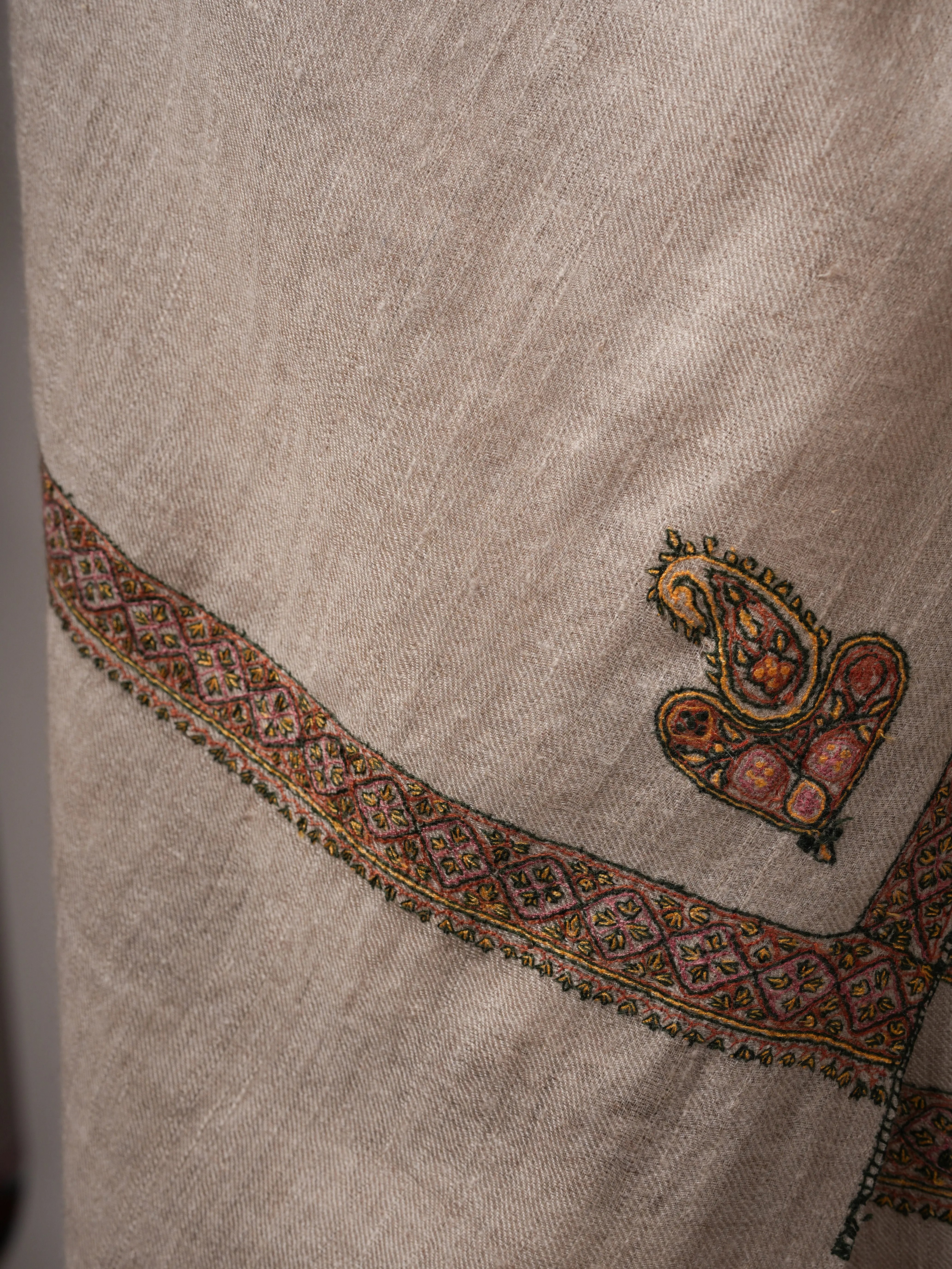 Contemporary Natural Grey Cashmere Scarf with Hashia Embroidery Shahkaar