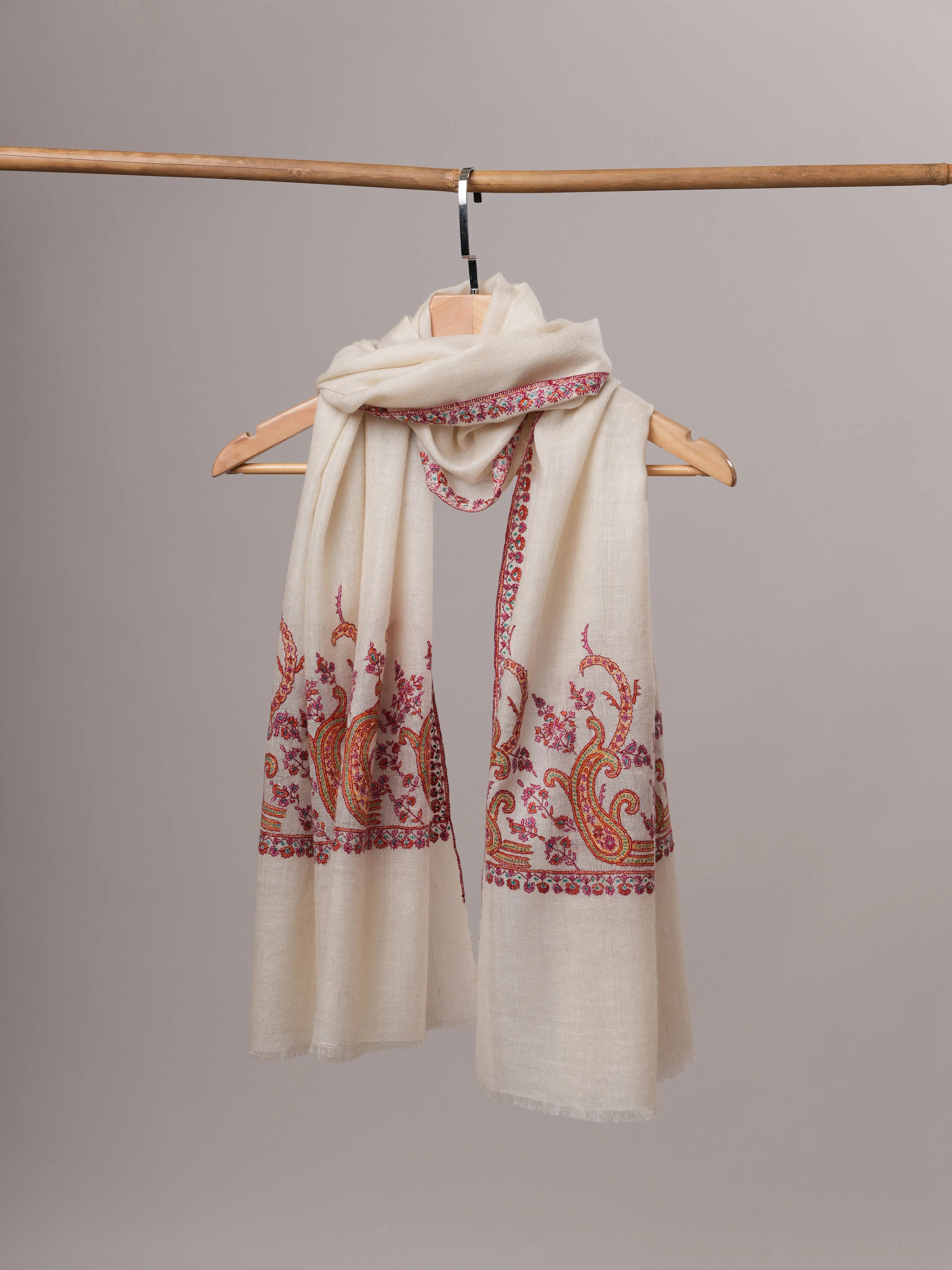 Contemporary Off White Cashmere Scarf with Palla Paisley Embroidery Shahkaar