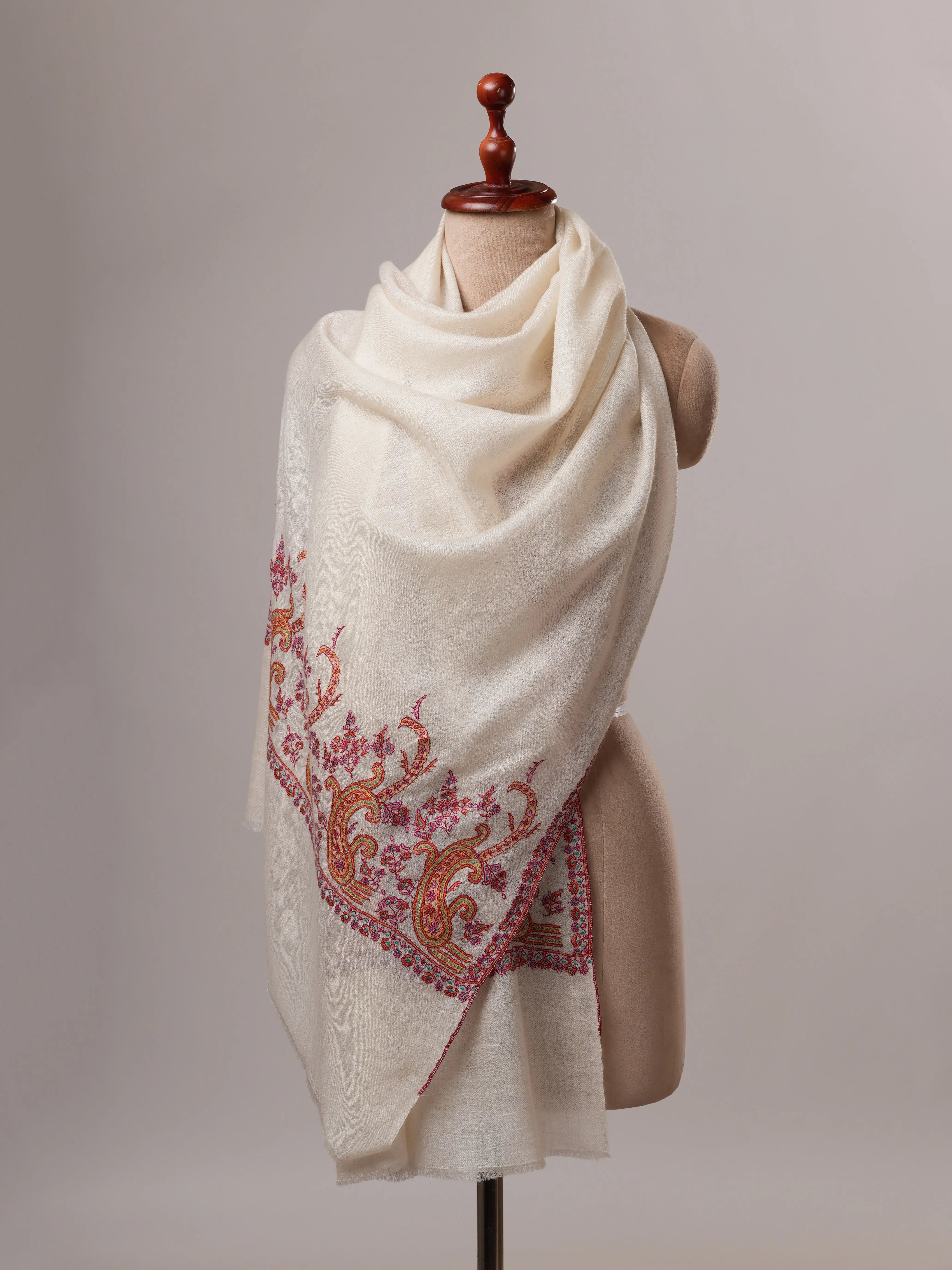 Contemporary Off White Cashmere Scarf with Palla Paisley Embroidery Shahkaar
