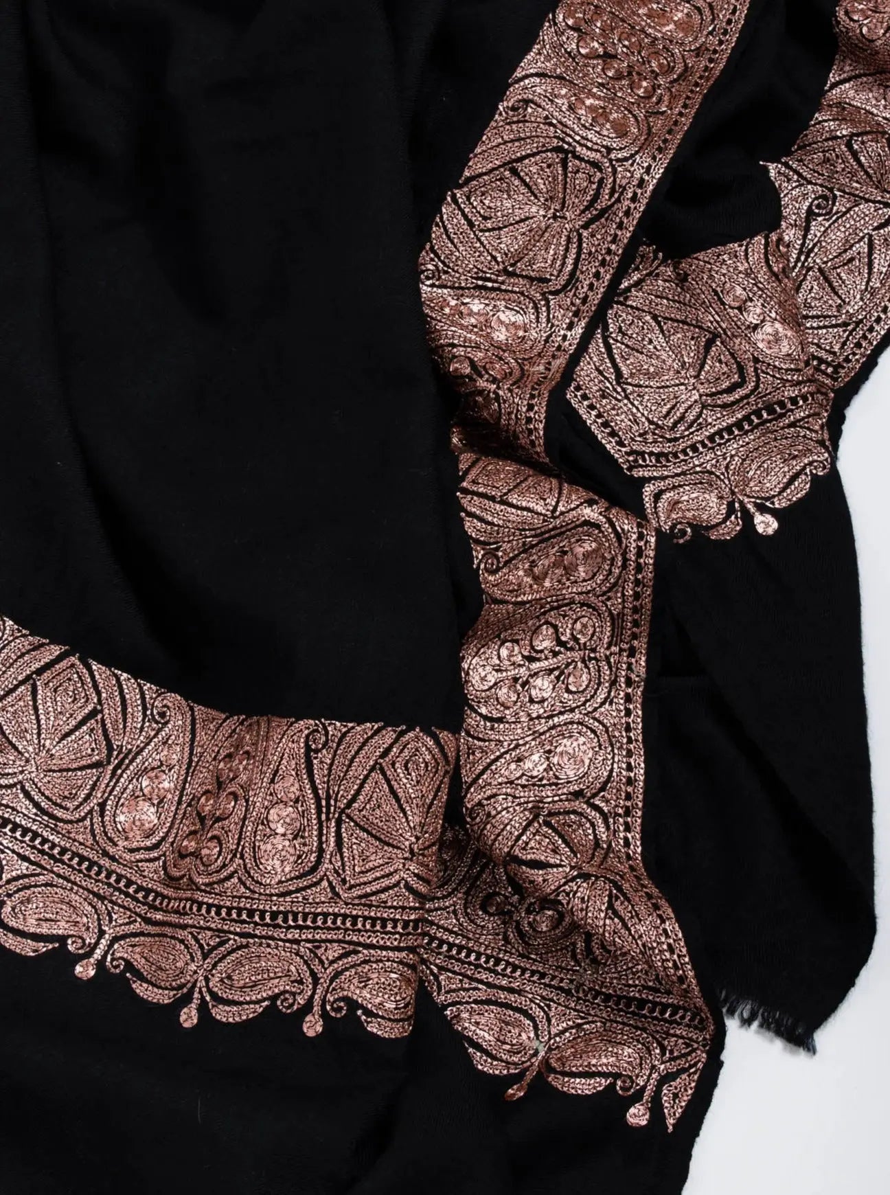 Copper Tilla Embroidered Black Pashmina Shawl - HALLSTATT Shahkaar