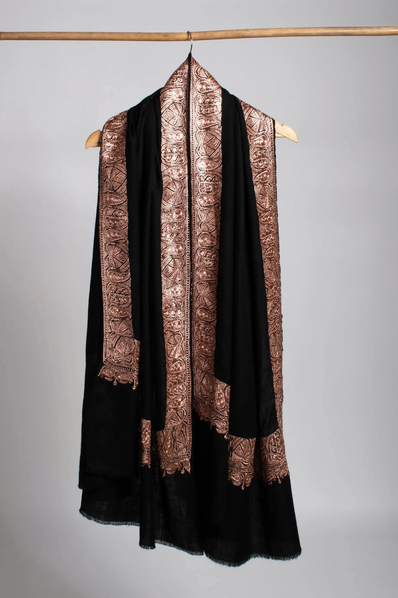 Copper Tilla Embroidered Black Pashmina Shawl - HALLSTATT Shahkaar