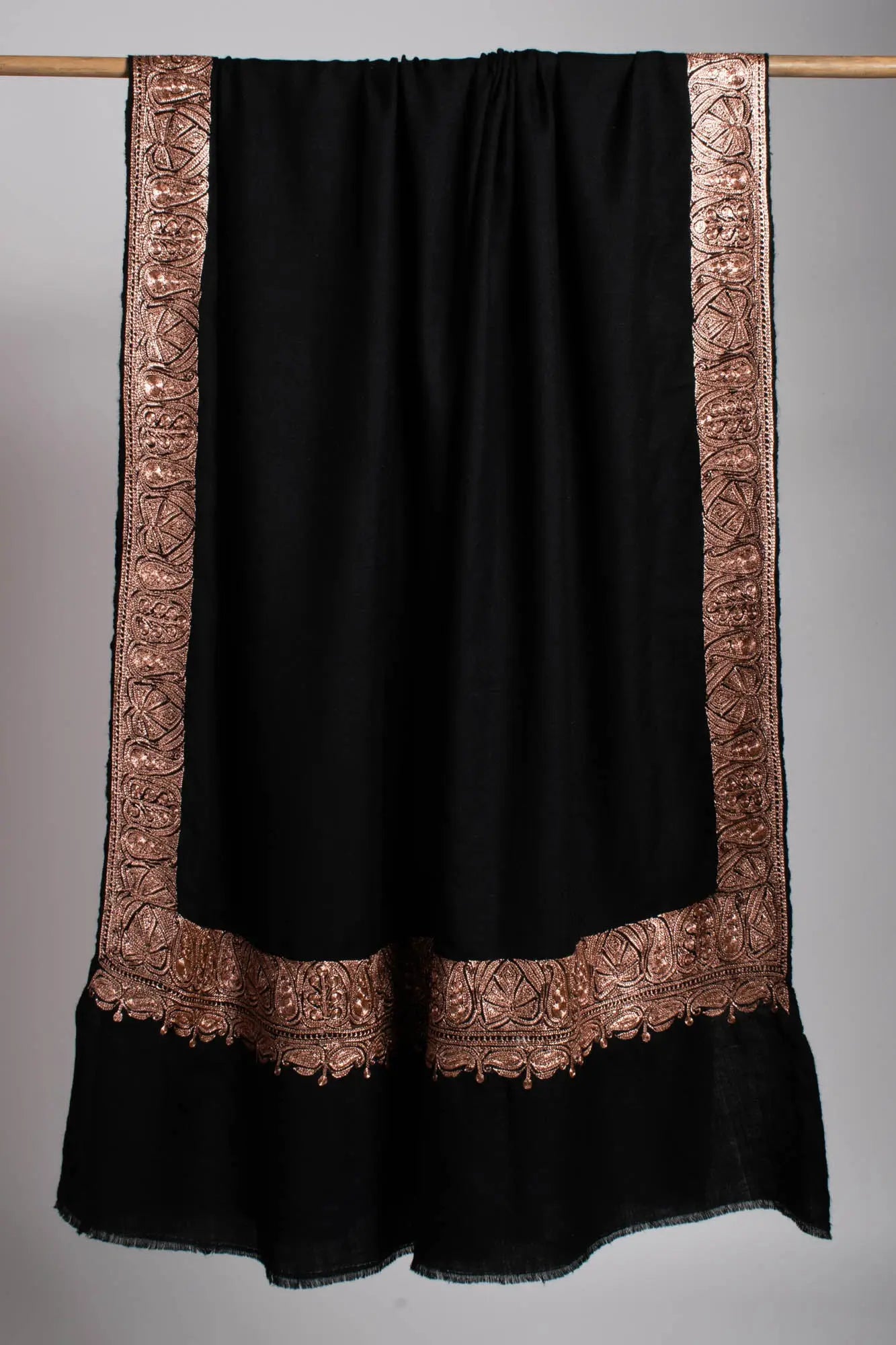 Copper Tilla Embroidered Black Pashmina Shawl - HALLSTATT Shahkaar