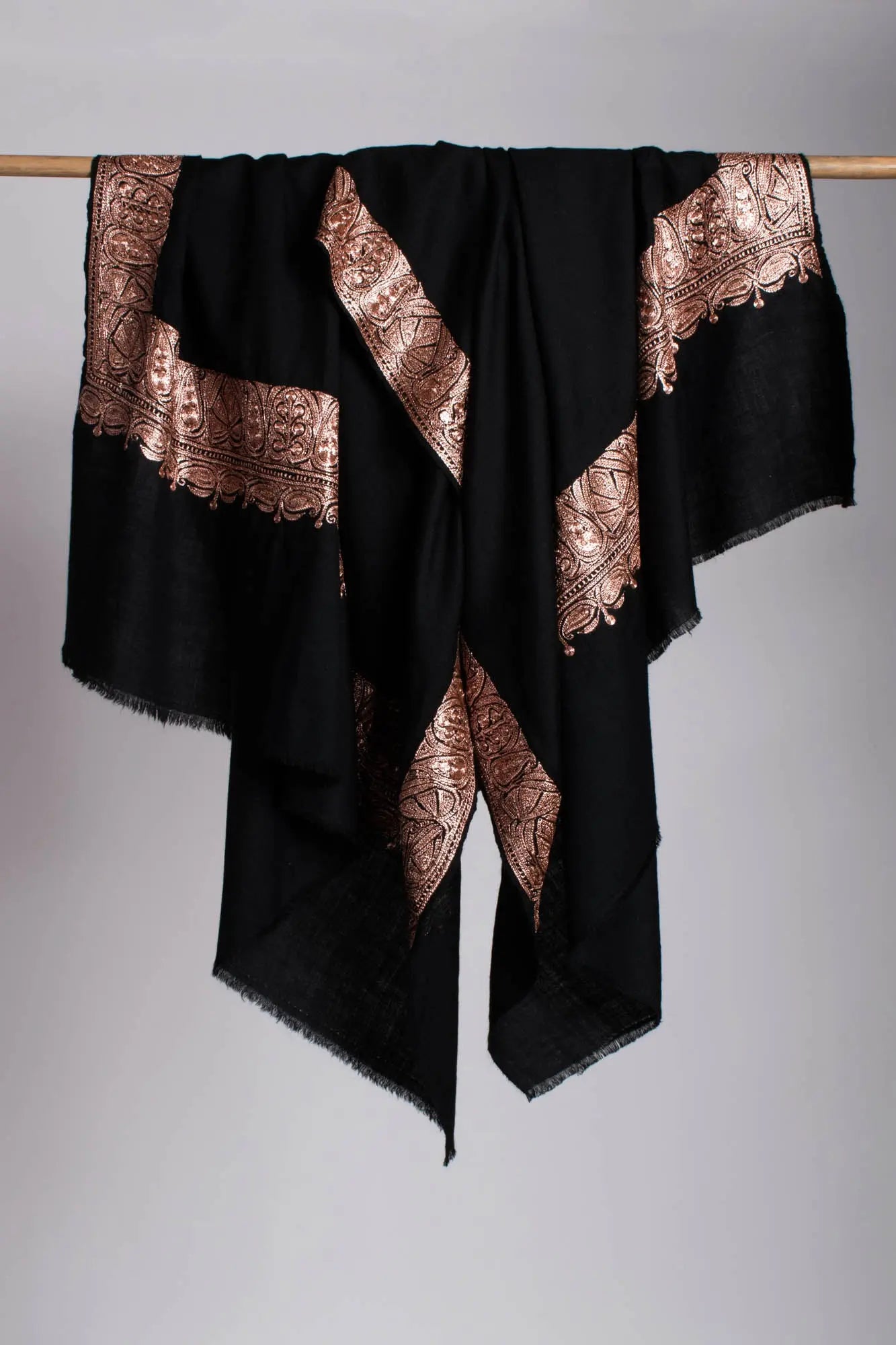 Copper Tilla Embroidered Black Pashmina Shawl - HALLSTATT Shahkaar