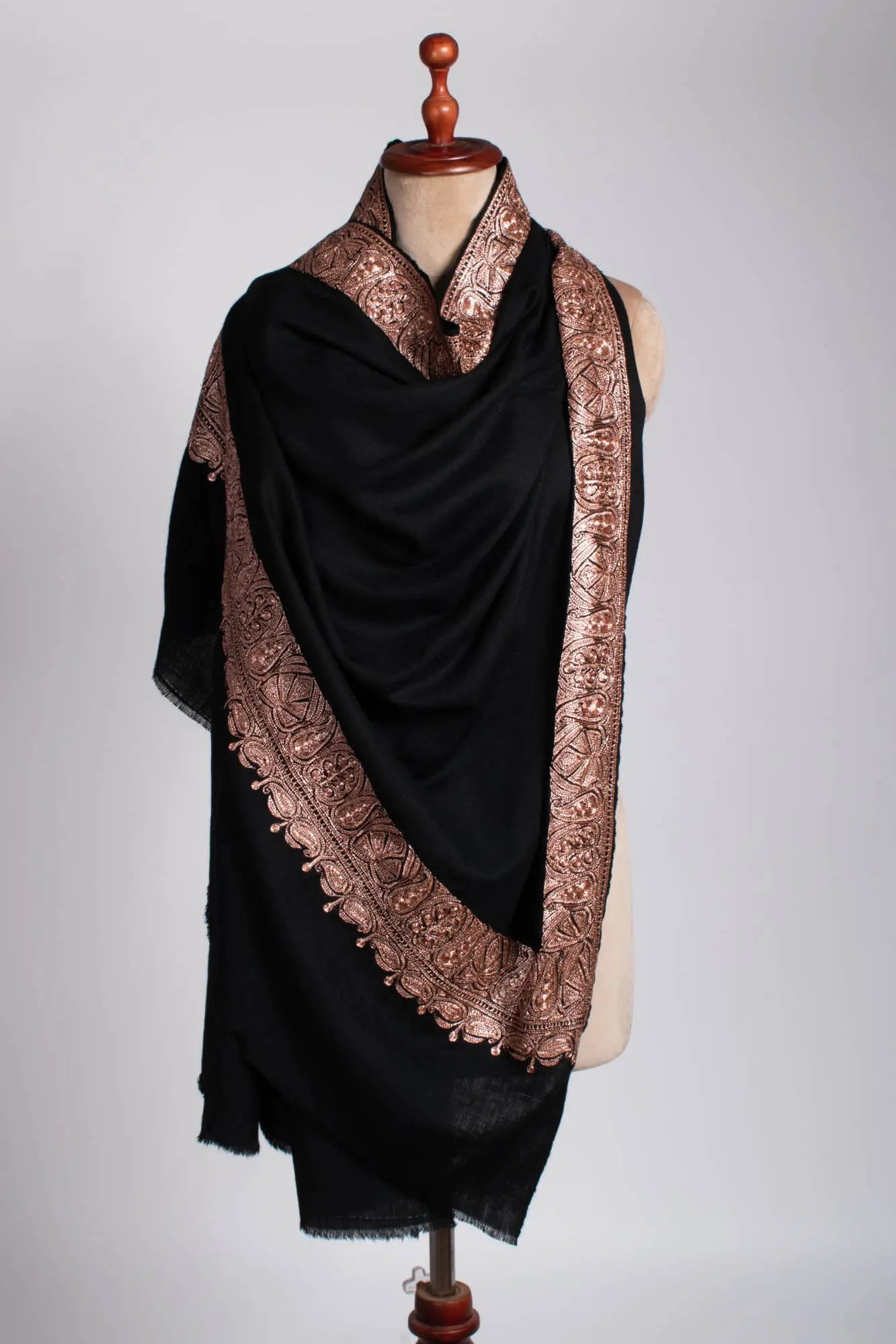 Copper Tilla Embroidered Black Pashmina Shawl - HALLSTATT Shahkaar