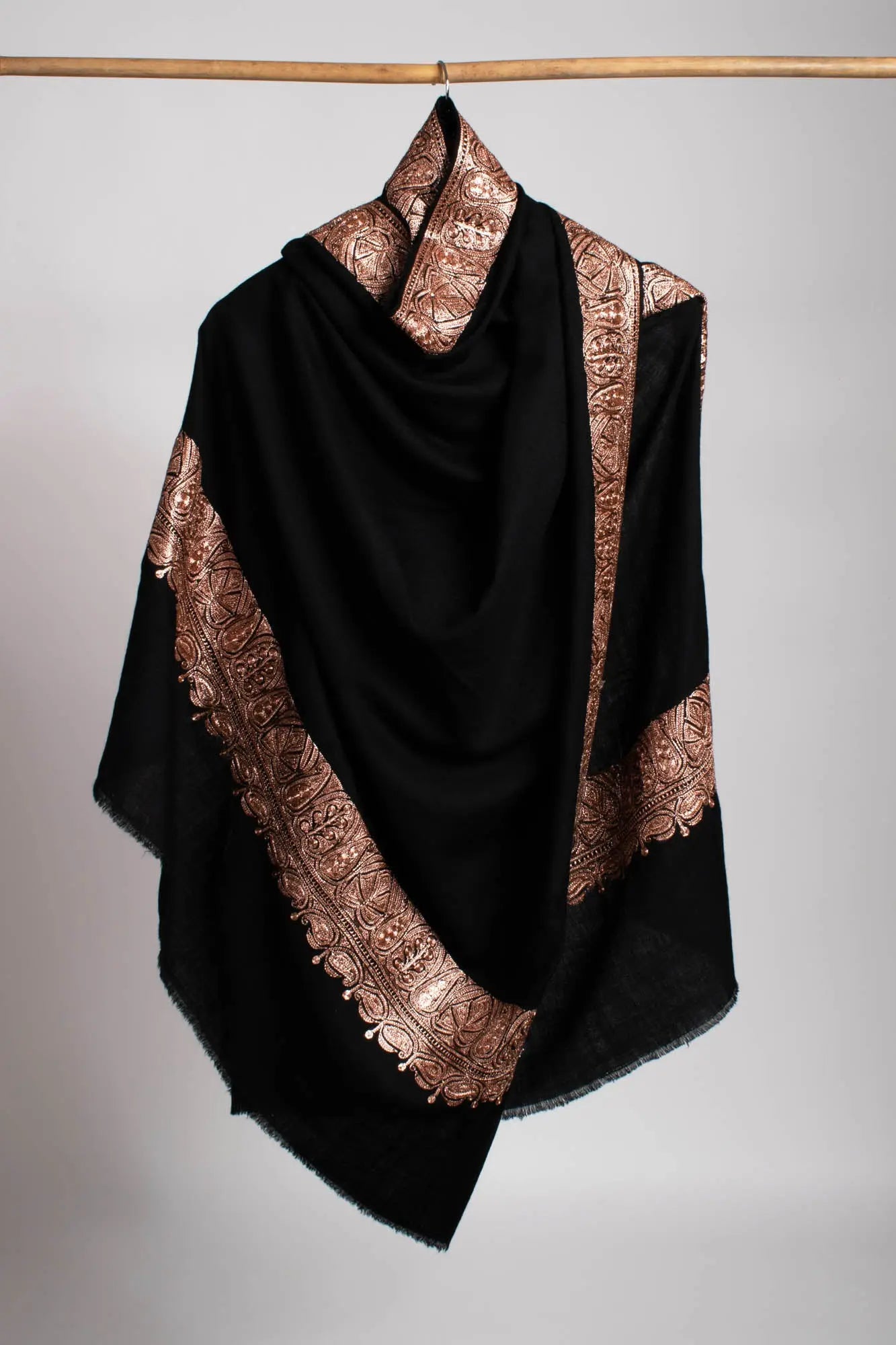 Copper Tilla Embroidered Black Pashmina Shawl - HALLSTATT Shahkaar