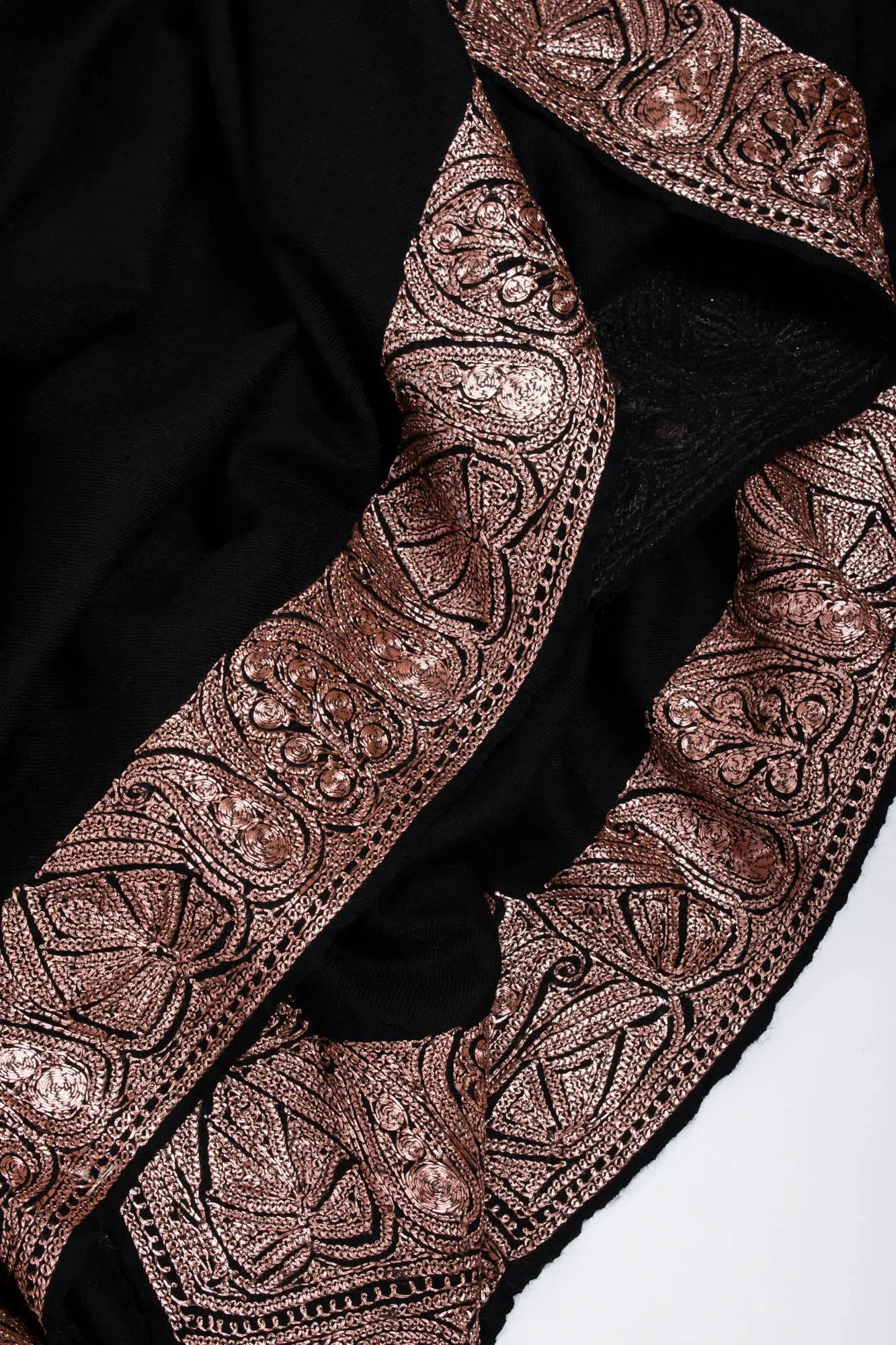 Copper Tilla Embroidered Black Pashmina Shawl - HALLSTATT Shahkaar