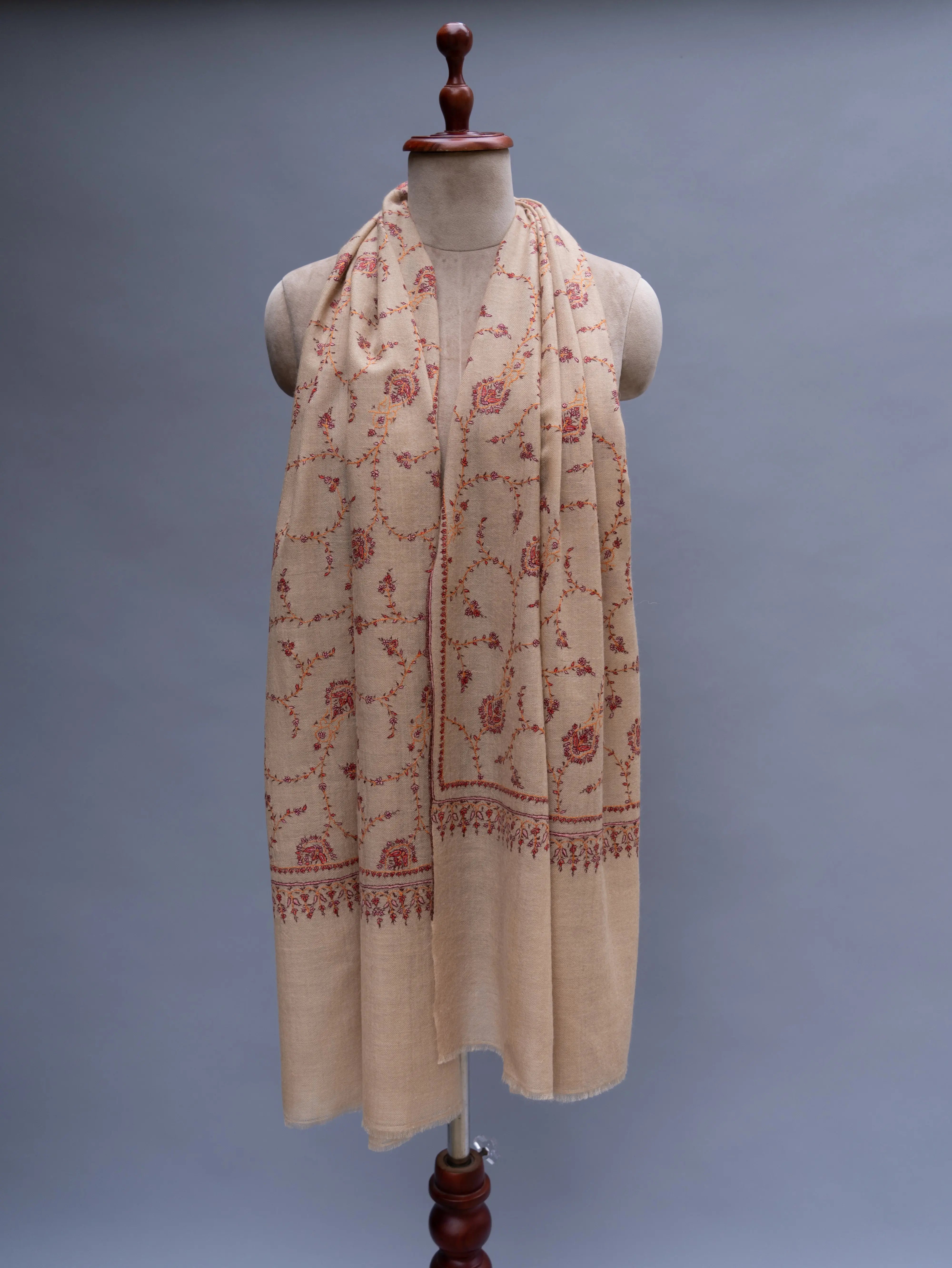 Cream Embroidered thin Cashmere Wrap Shahkaar