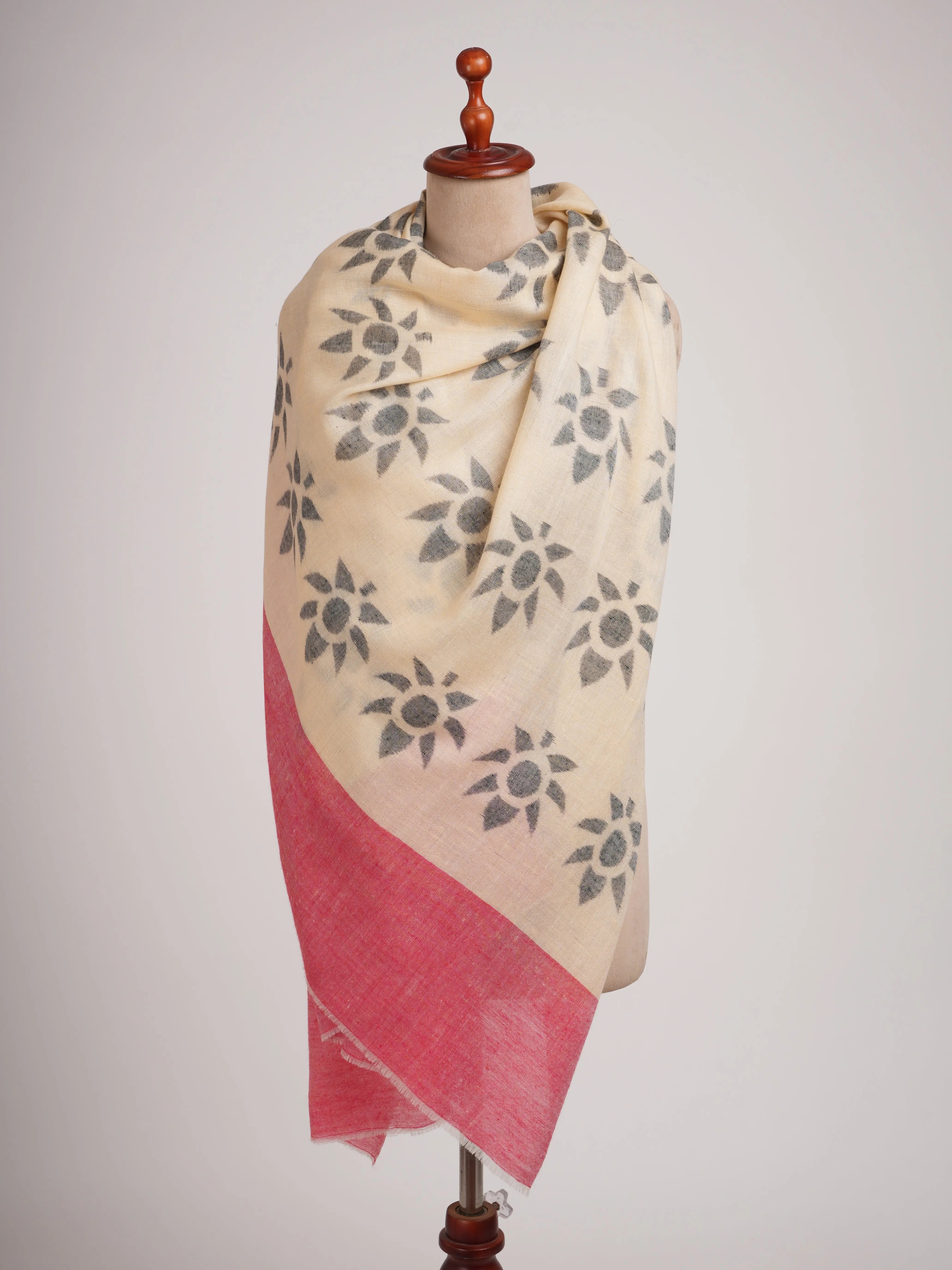 Cream Red Black Handwoven Space Dye Pashmina Shawl Shahkaar