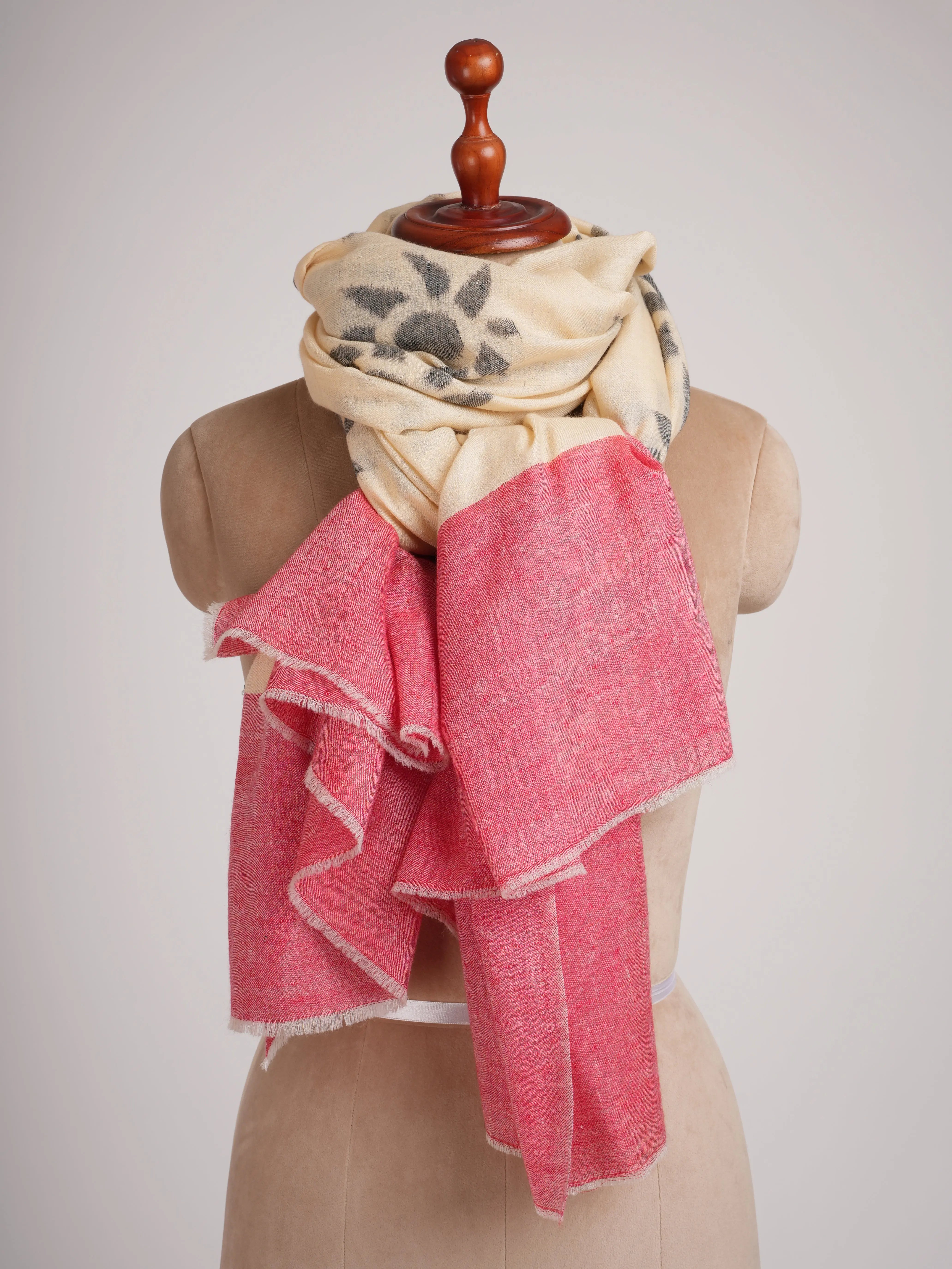 Cream Red Black Handwoven Space Dye Pashmina Shawl Shahkaar