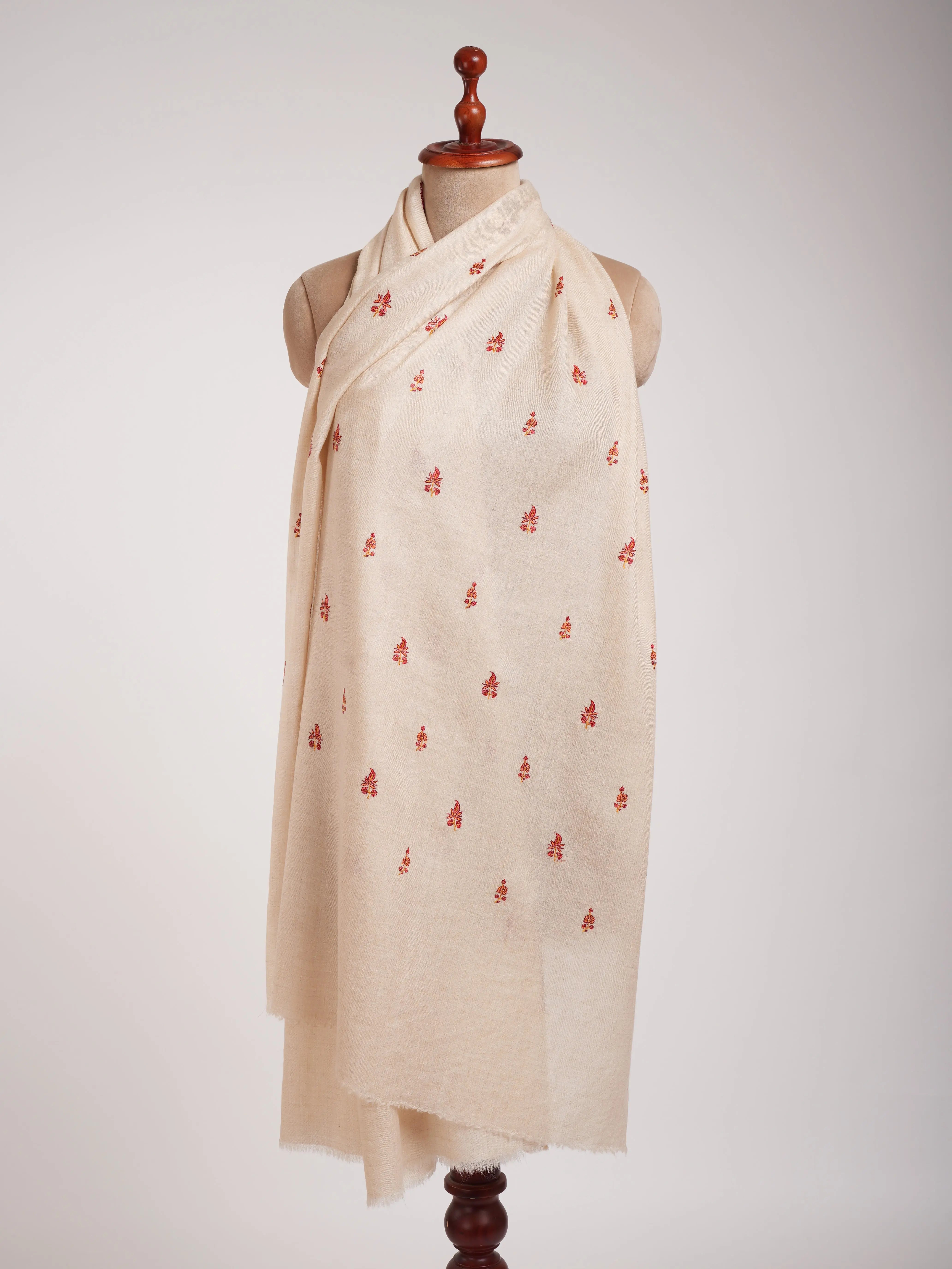 Cream Sozni Embroidered Cashmere Scarf Shahkaar