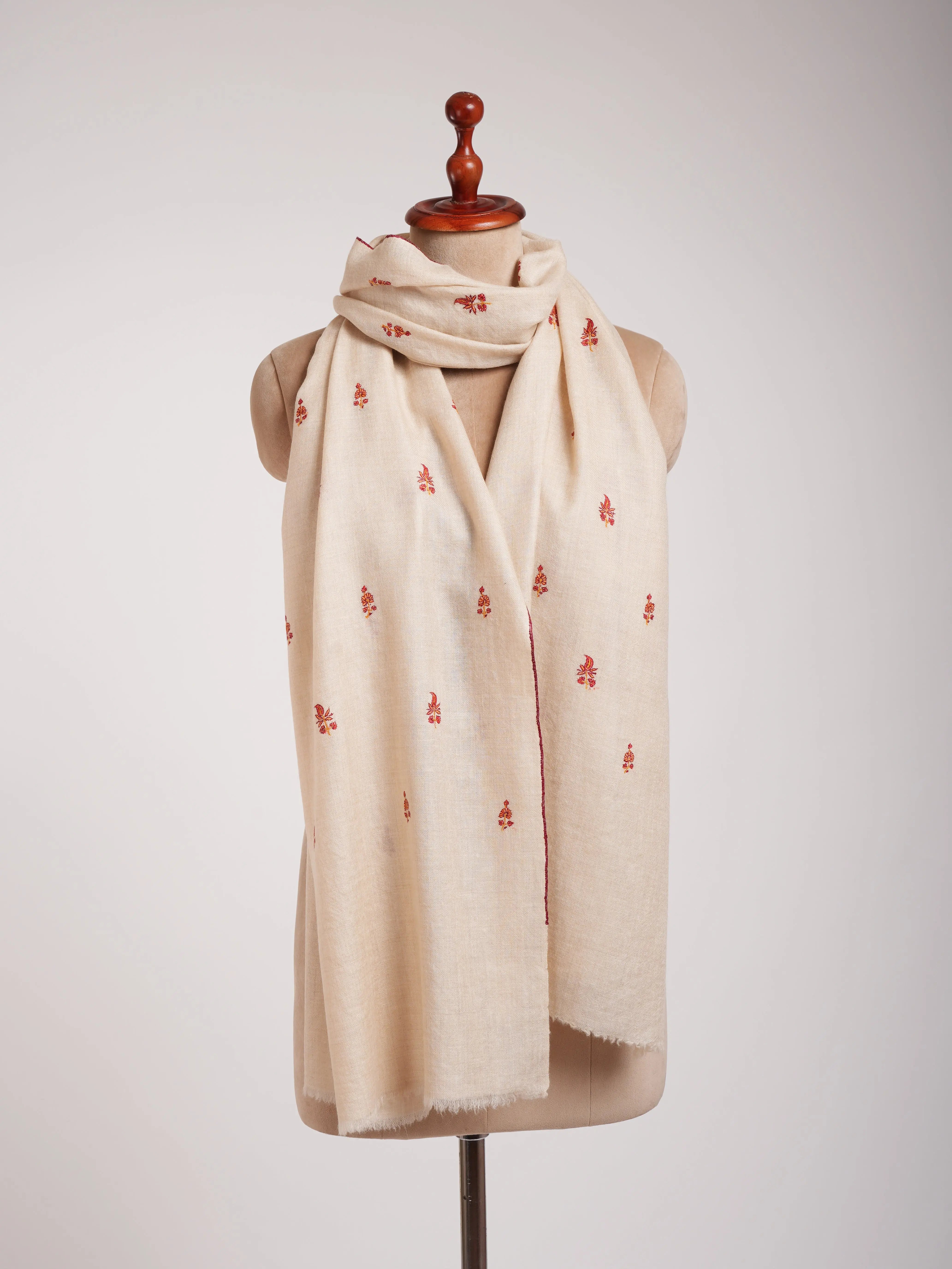 Cream Sozni Embroidered Cashmere Scarf Shahkaar