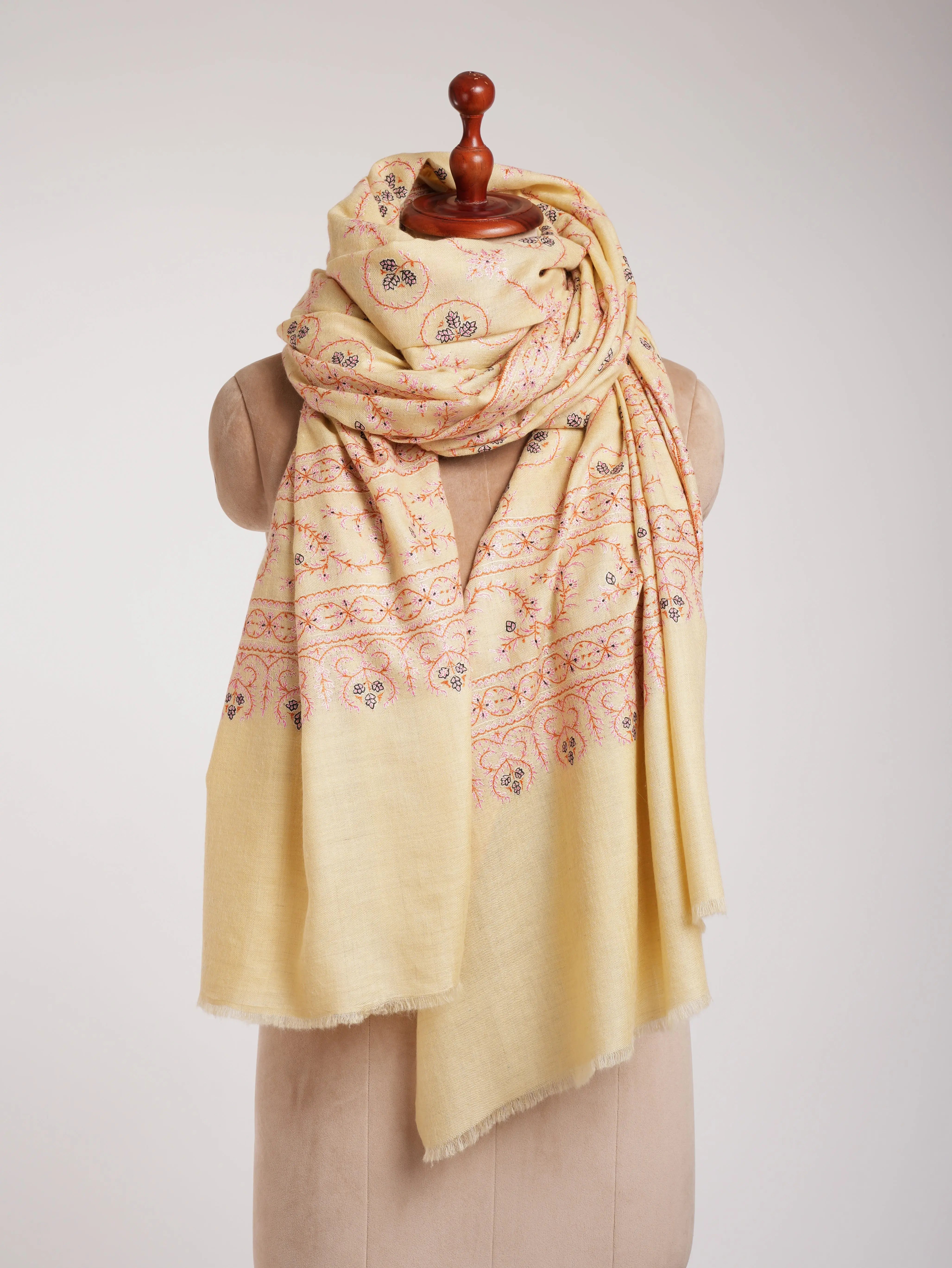 Cream XL Embroidered Indian Pashmina Shawl Shahkaar