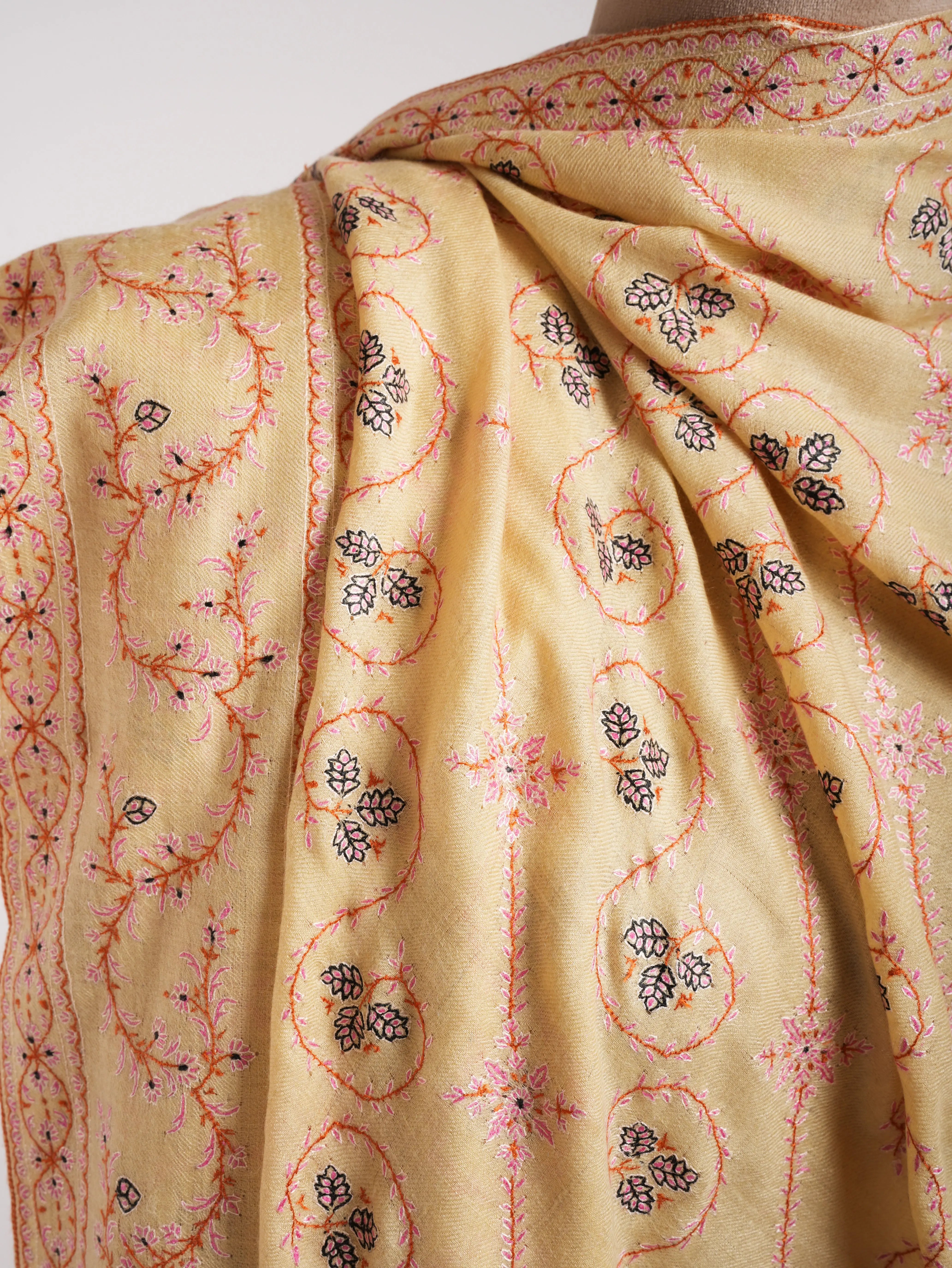 Cream XL Embroidered Indian Pashmina Shawl Shahkaar