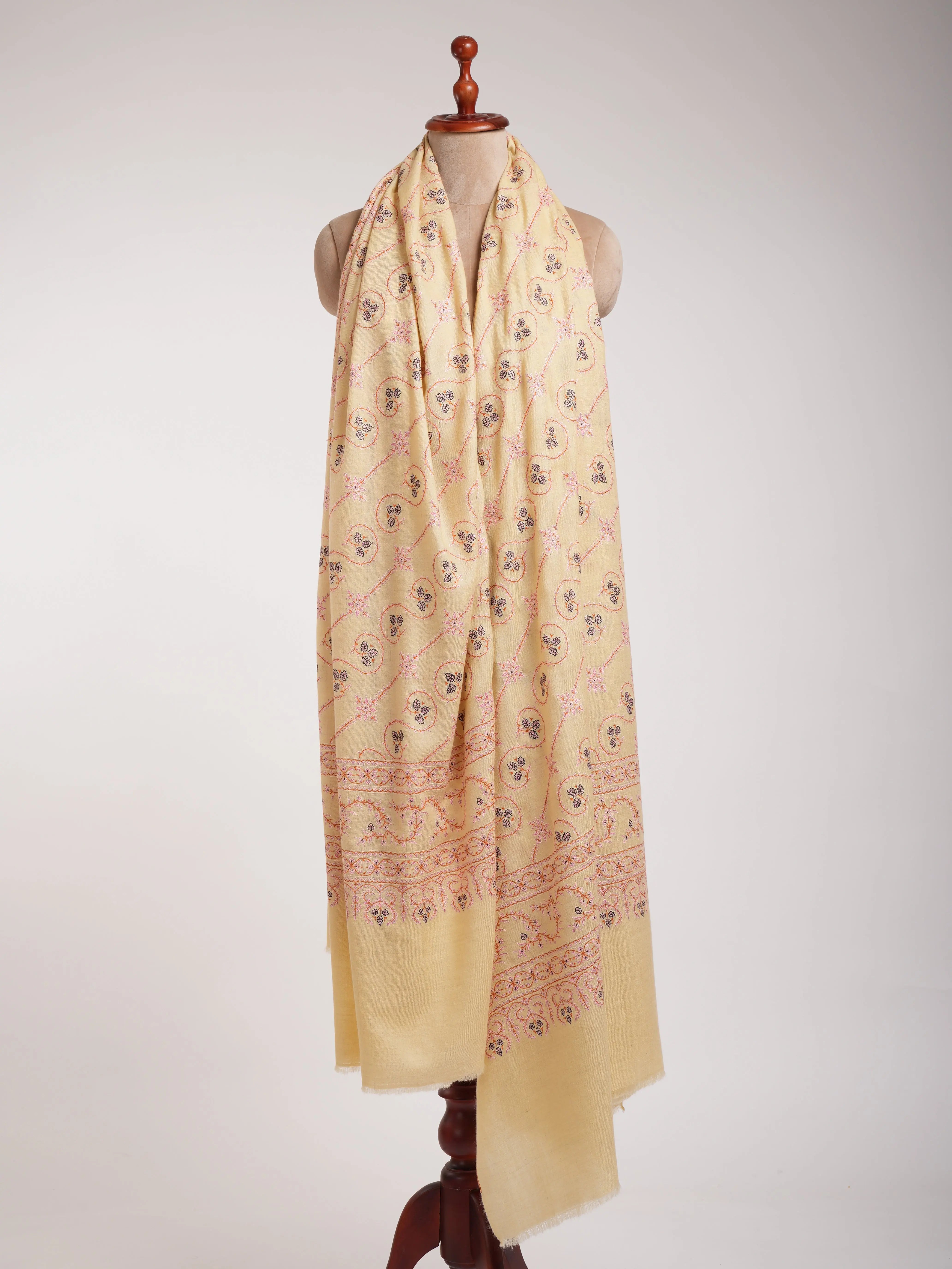 Cream XL Embroidered Indian Pashmina Shawl Shahkaar