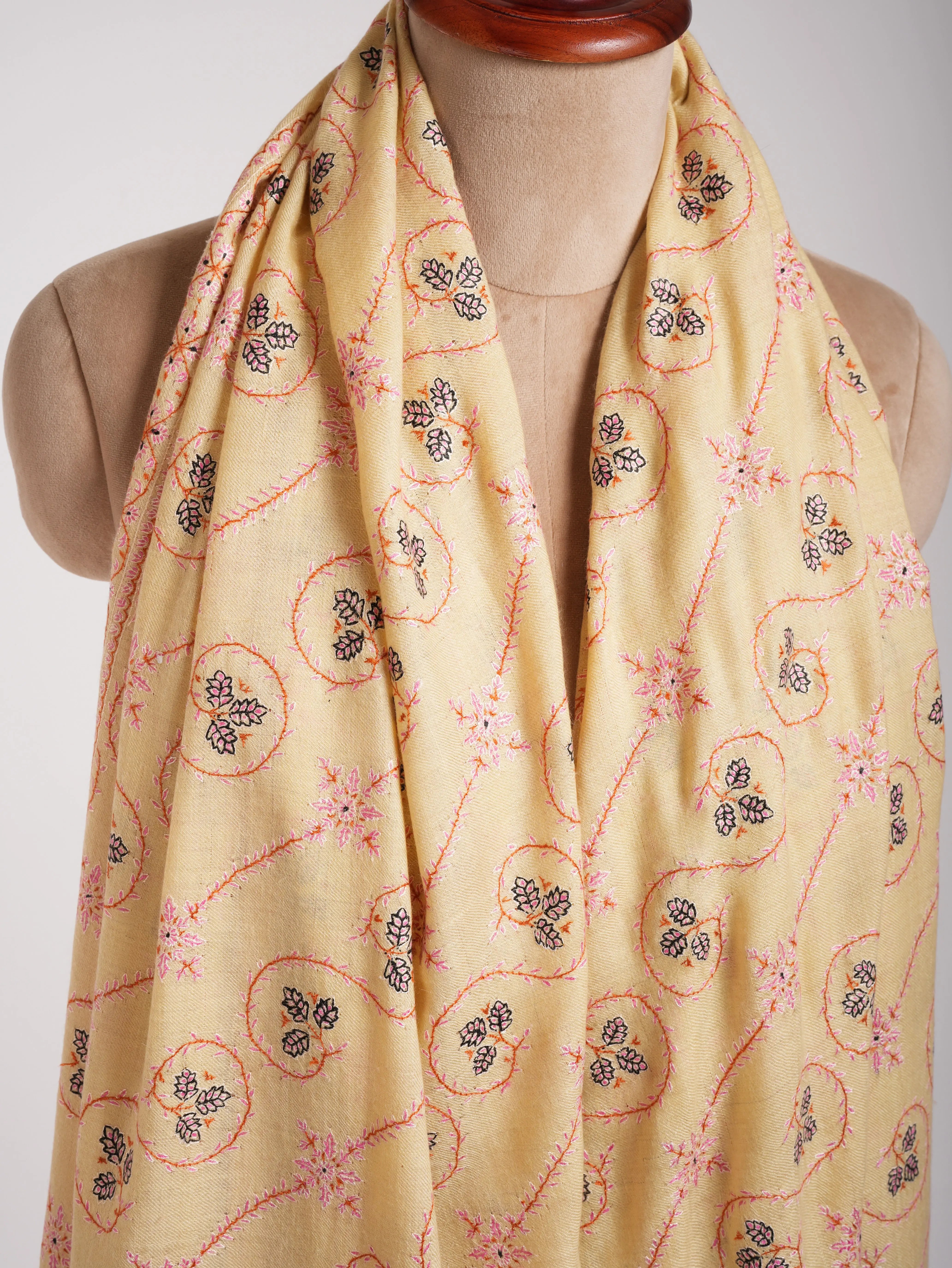 Cream XL Embroidered Indian Pashmina Shawl Shahkaar