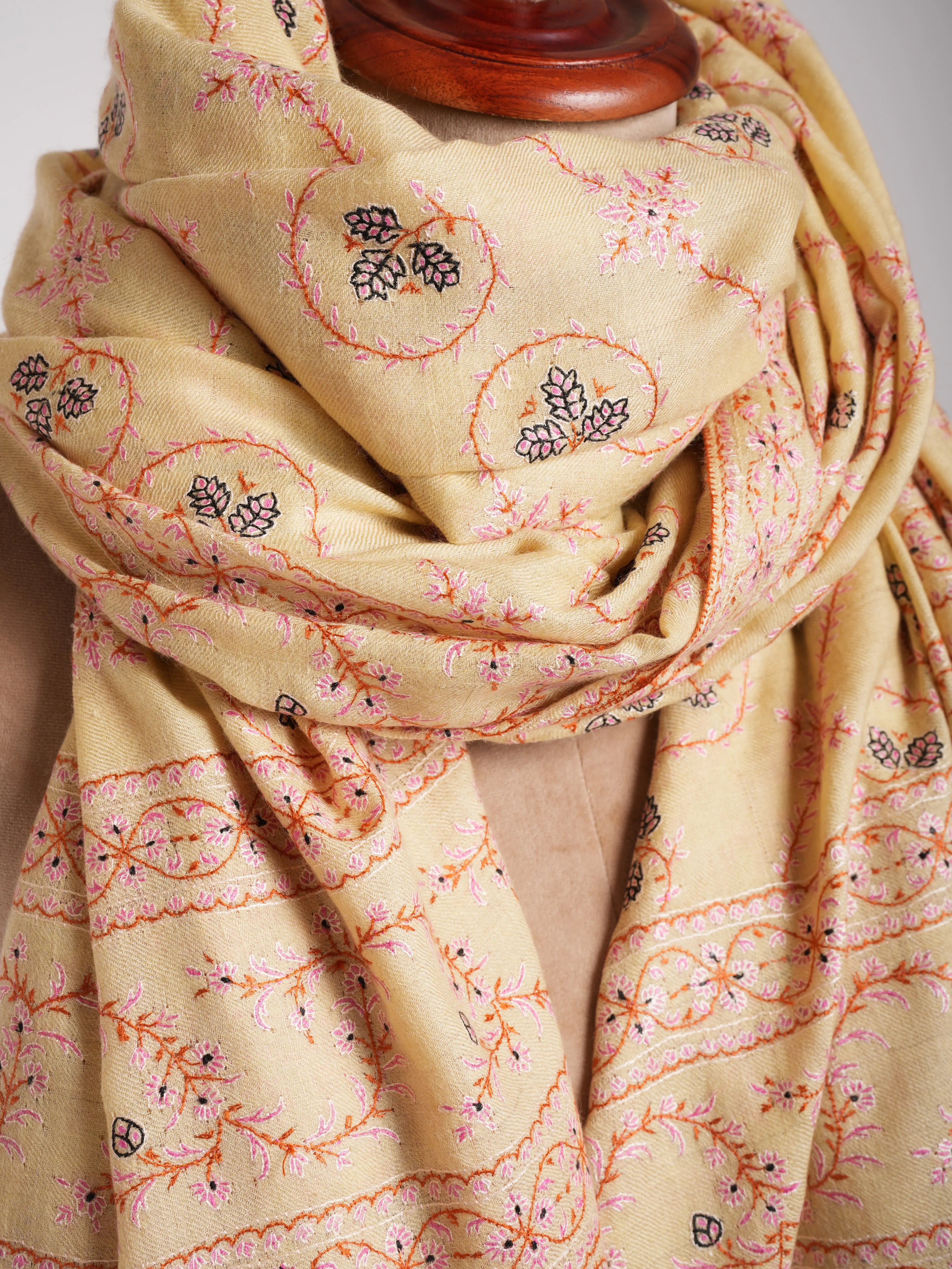 Cream XL Embroidered Indian Pashmina Shawl Shahkaar