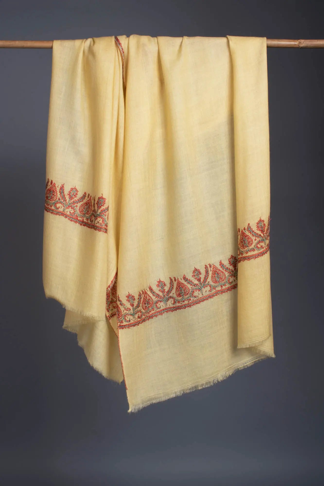 Cream Yellow Embroidered Cashmere Scarf - VILLA Shahkaar