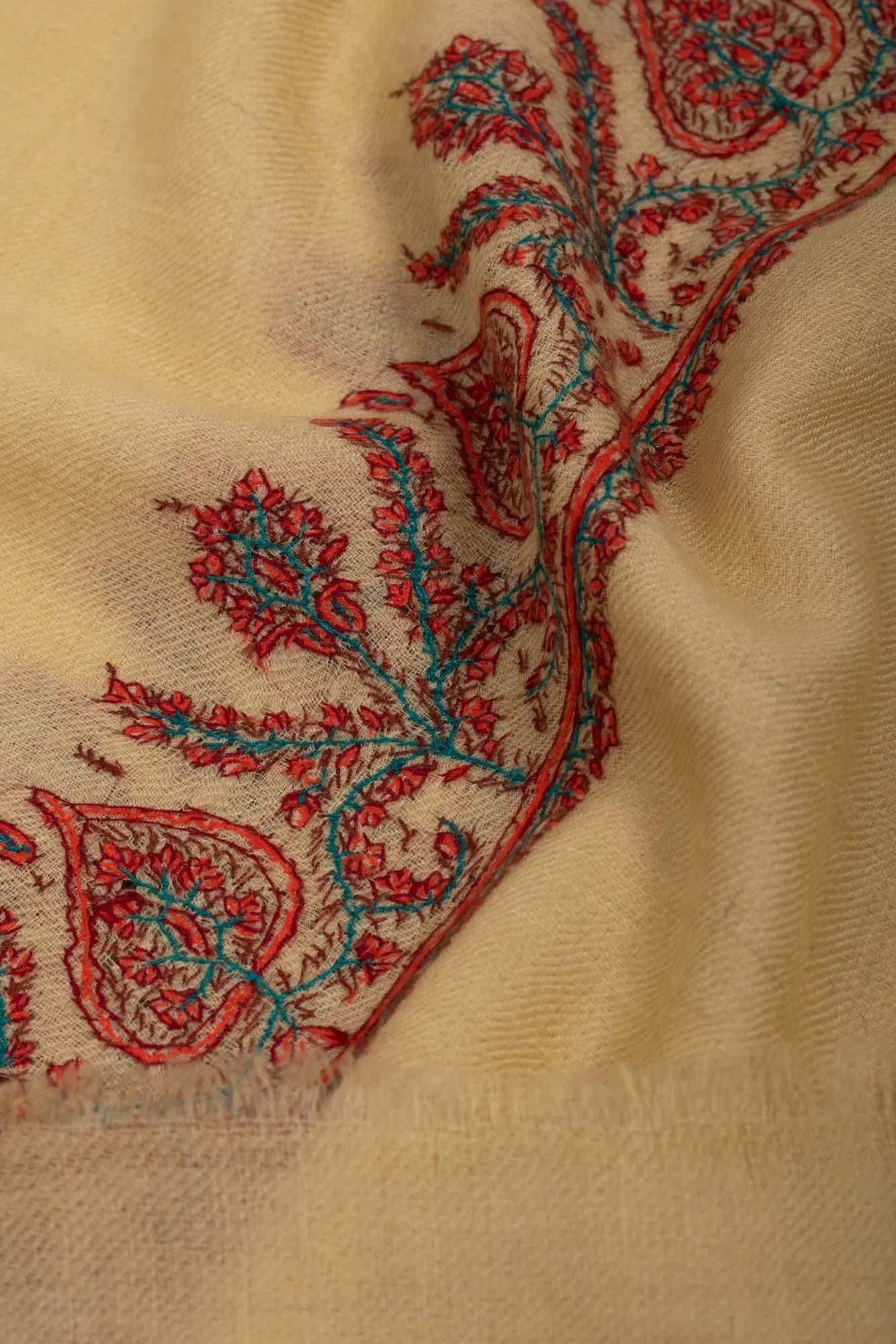 Cream Yellow Embroidered Cashmere Scarf - VILLA Shahkaar