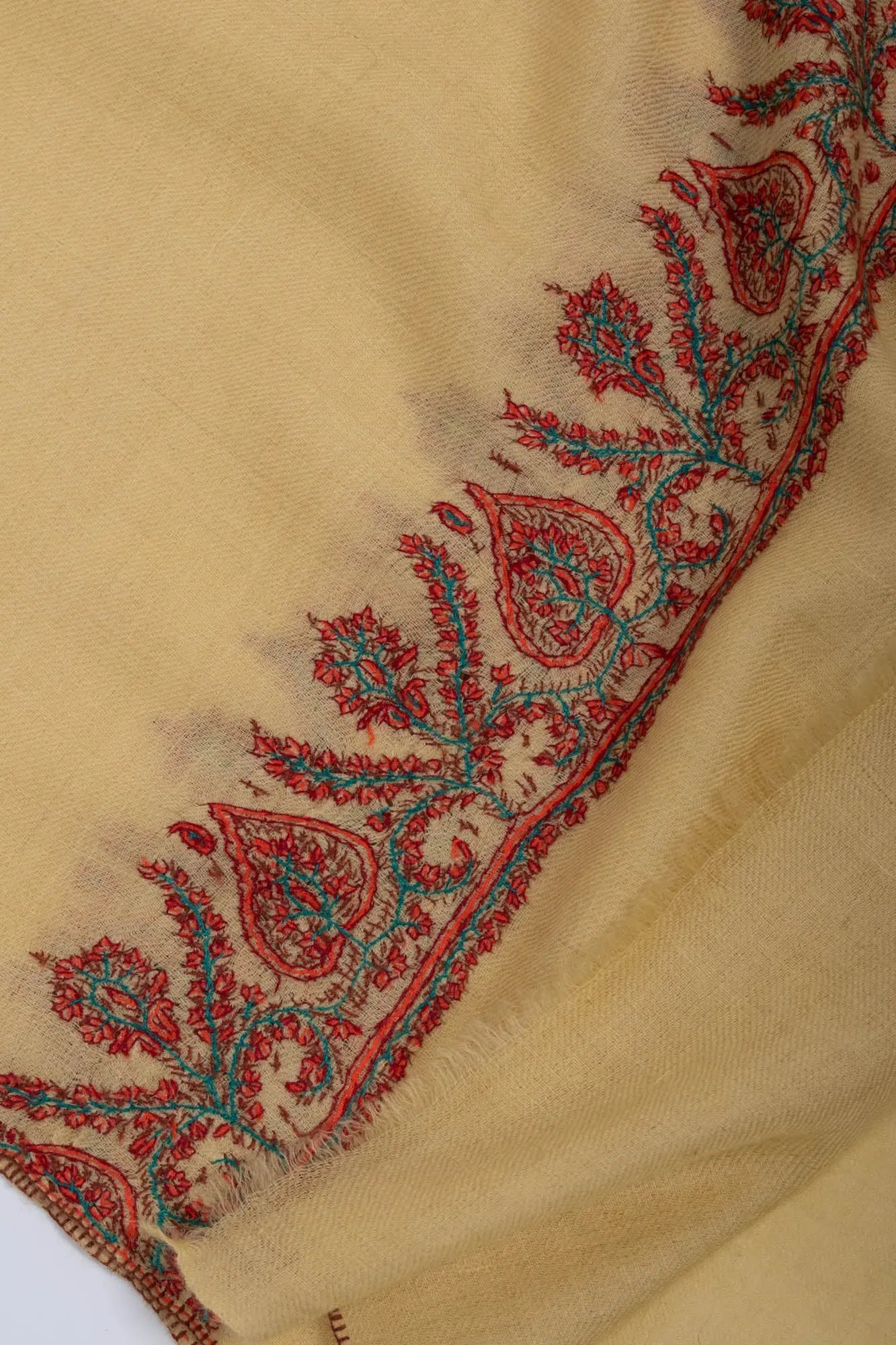 Cream Yellow Embroidered Cashmere Scarf - VILLA Shahkaar