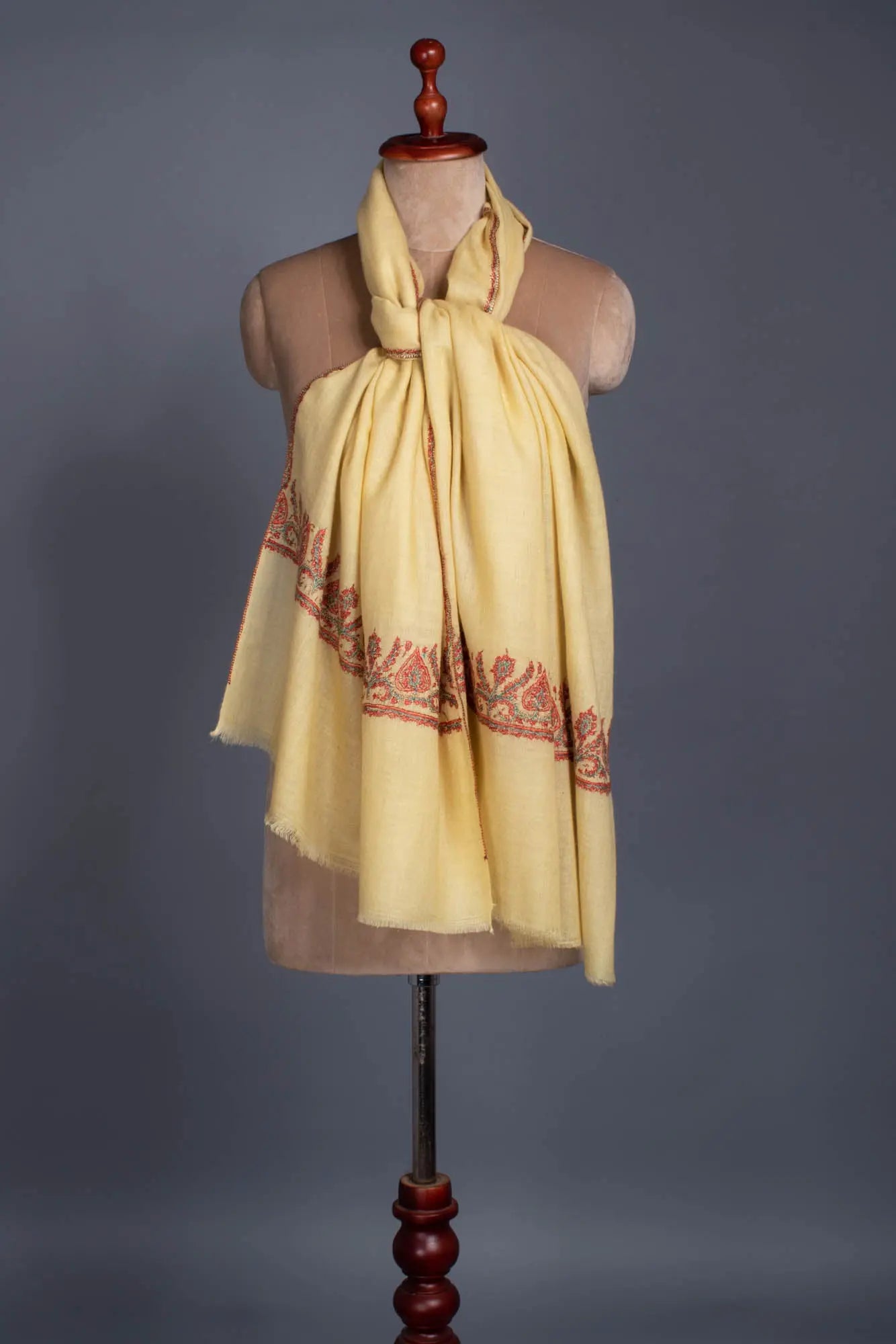 Cream Yellow Embroidered Cashmere Scarf - VILLA Shahkaar