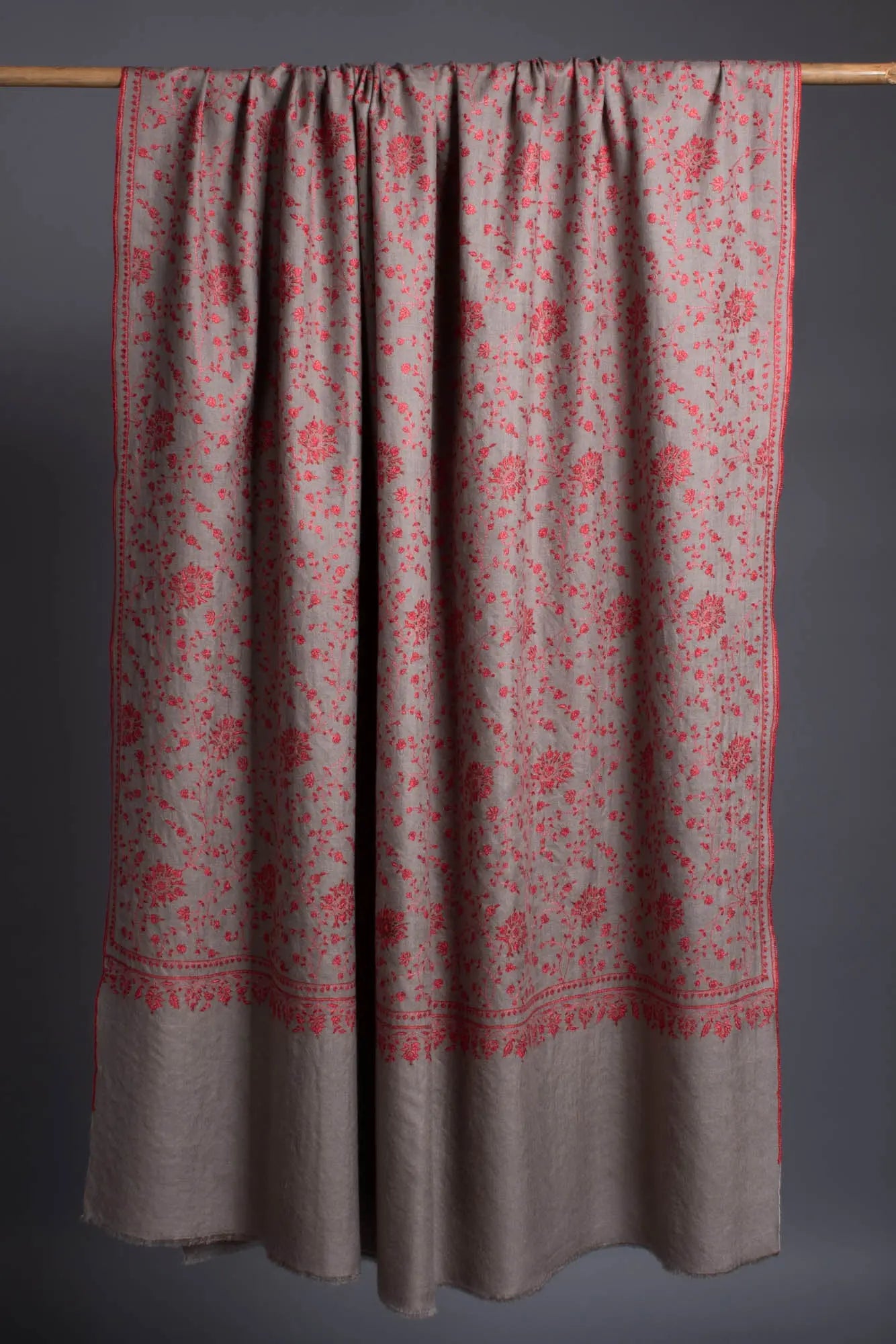Crimson Red Sozni Embroidered on Gray Pashmina Shawl - CONGLETON Shahkaar