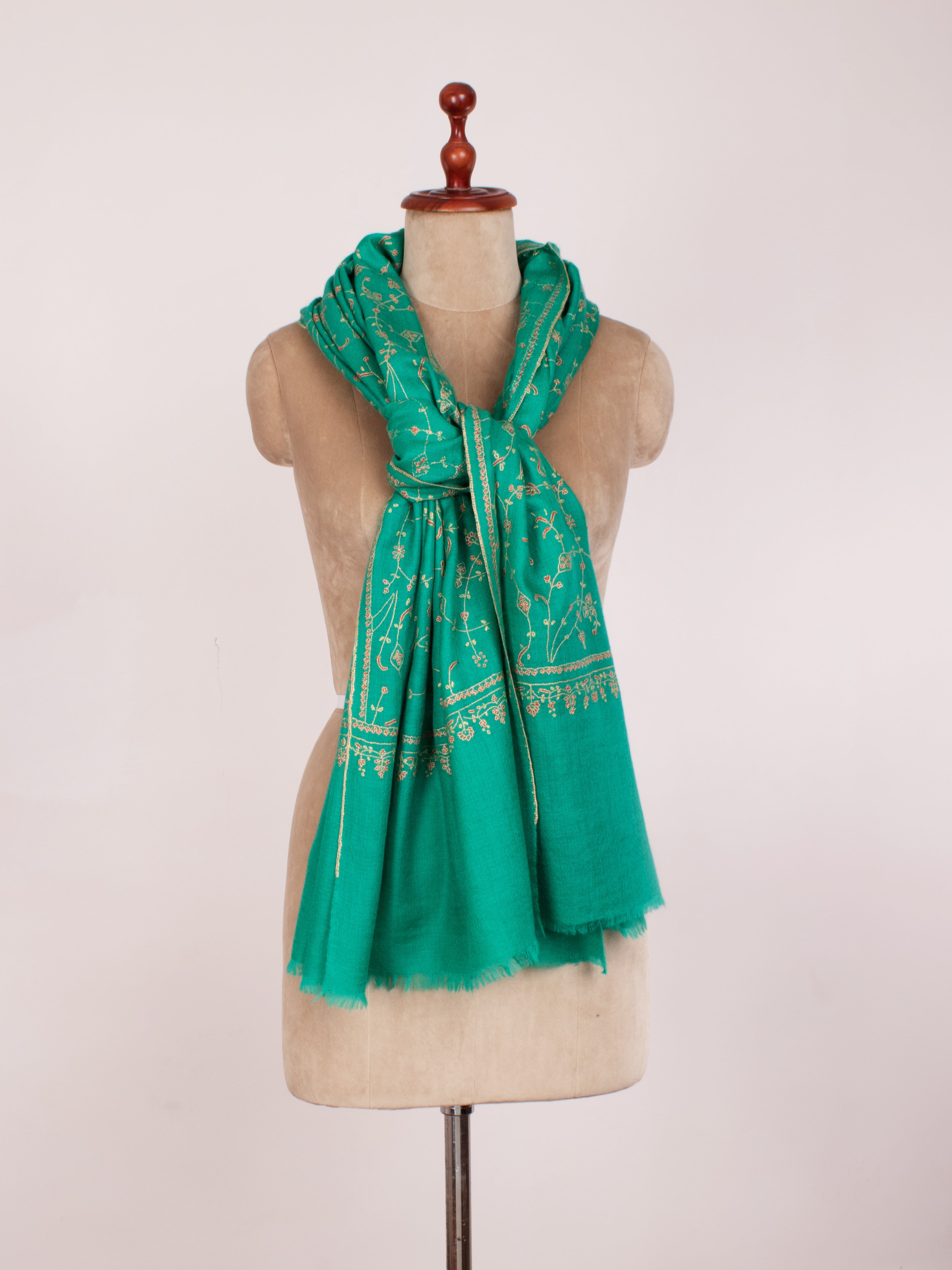 Green Embroidered Indian Cashmere Scarf Shahkaar