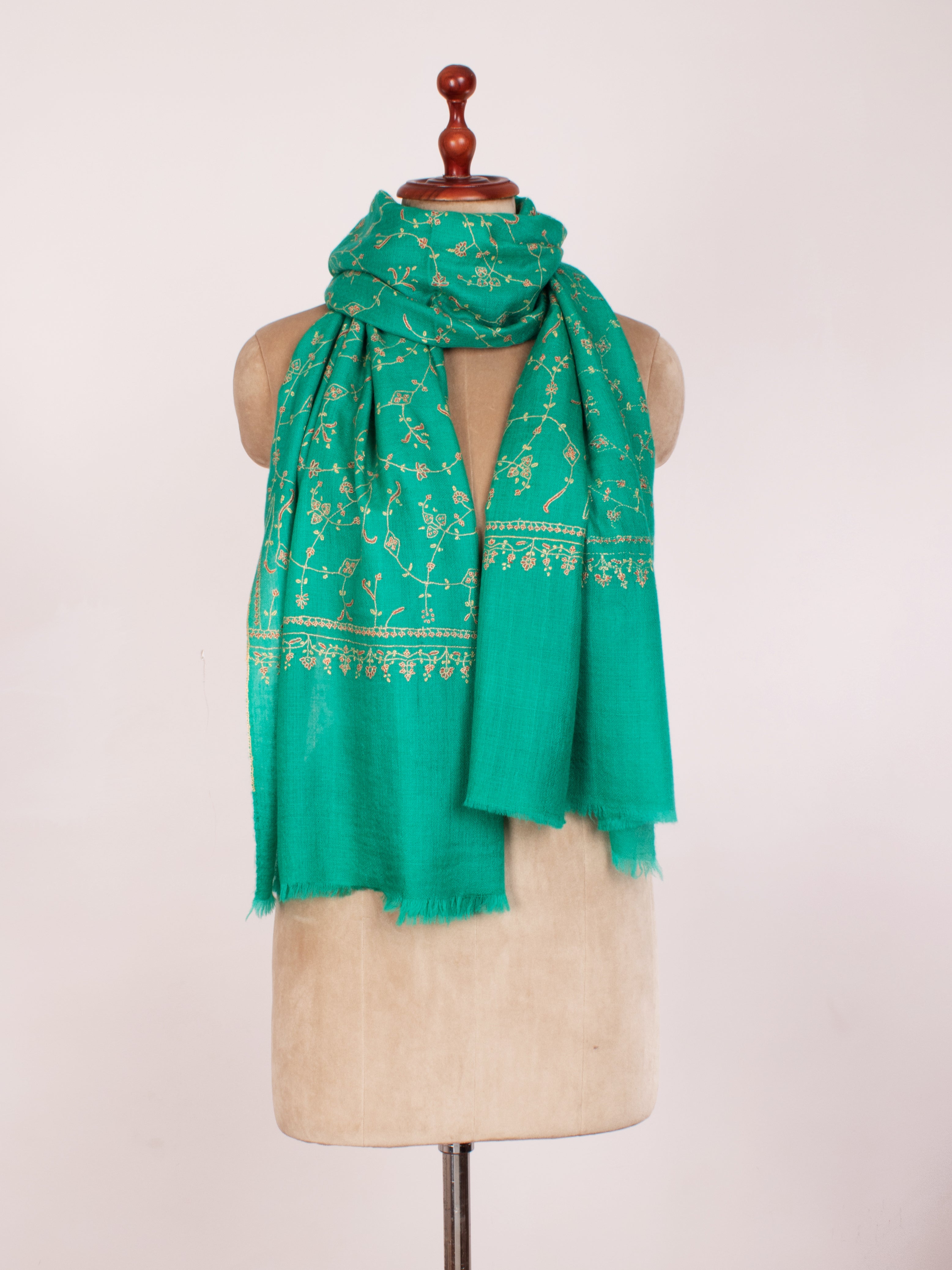 Green Embroidered Indian Cashmere Scarf Shahkaar