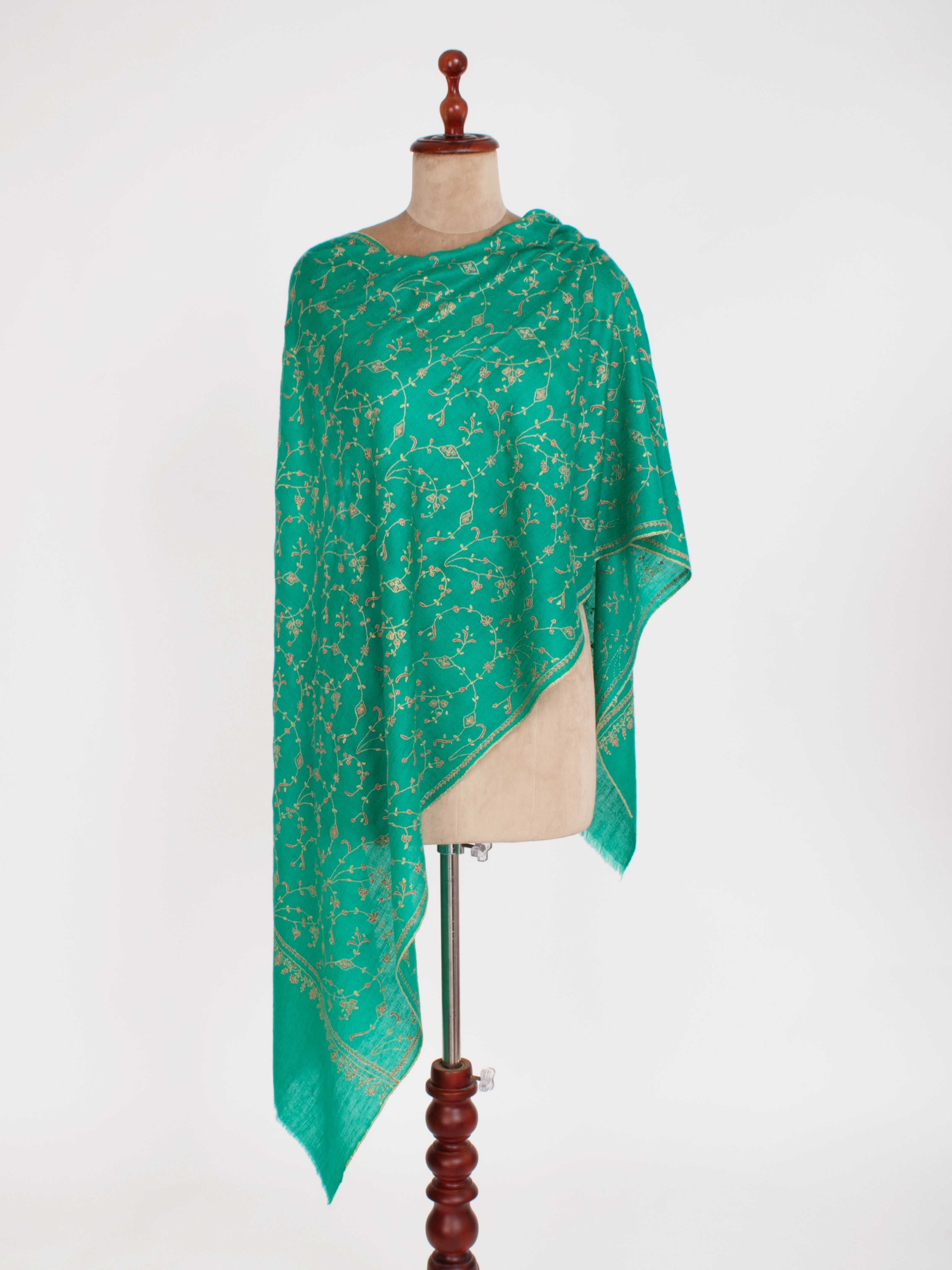 Green Embroidered Indian Cashmere Scarf Shahkaar