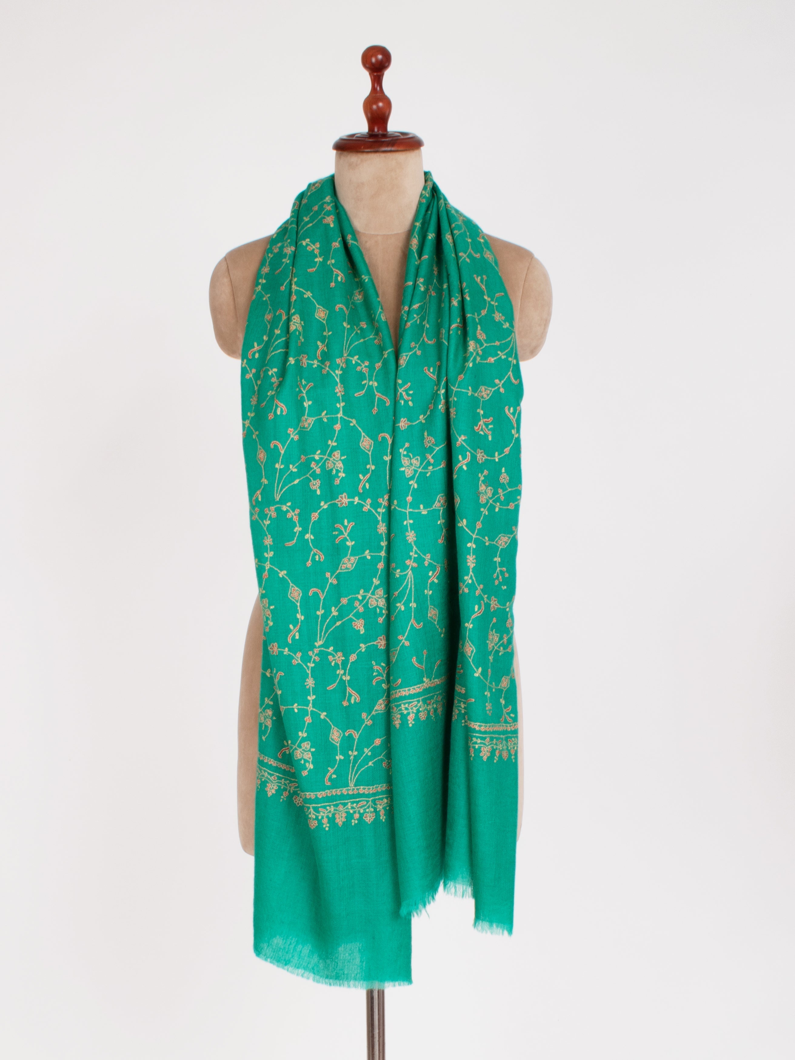 Green Embroidered Indian Cashmere Scarf Shahkaar