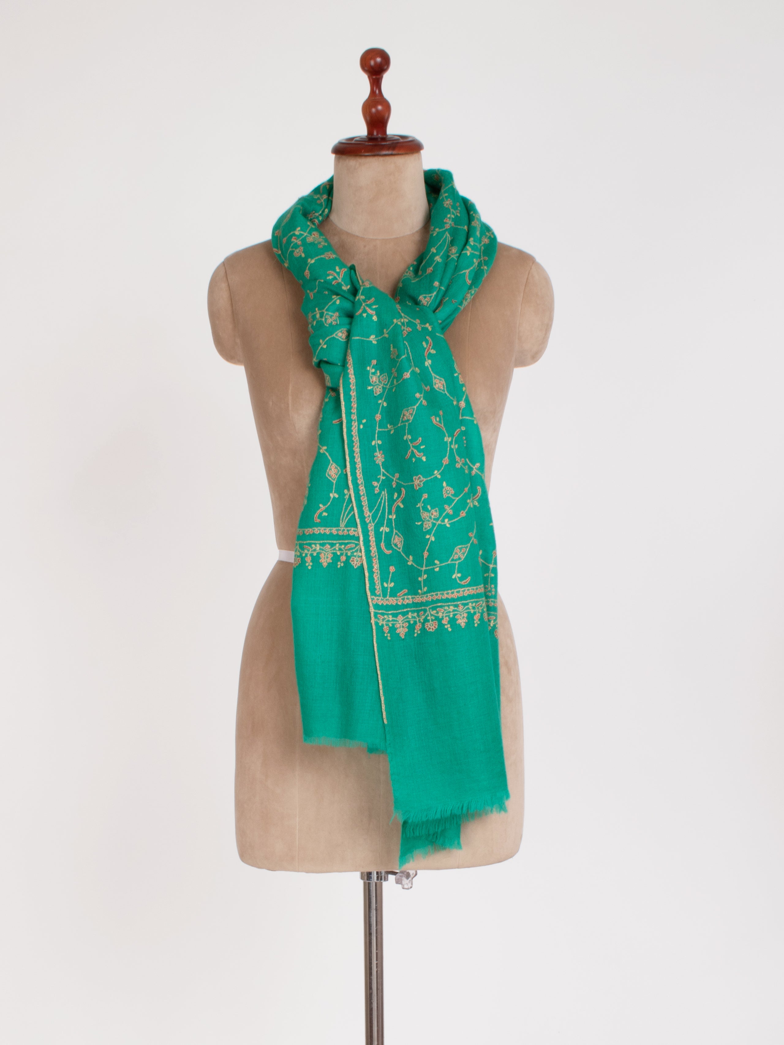 Green Embroidered Indian Cashmere Scarf Shahkaar
