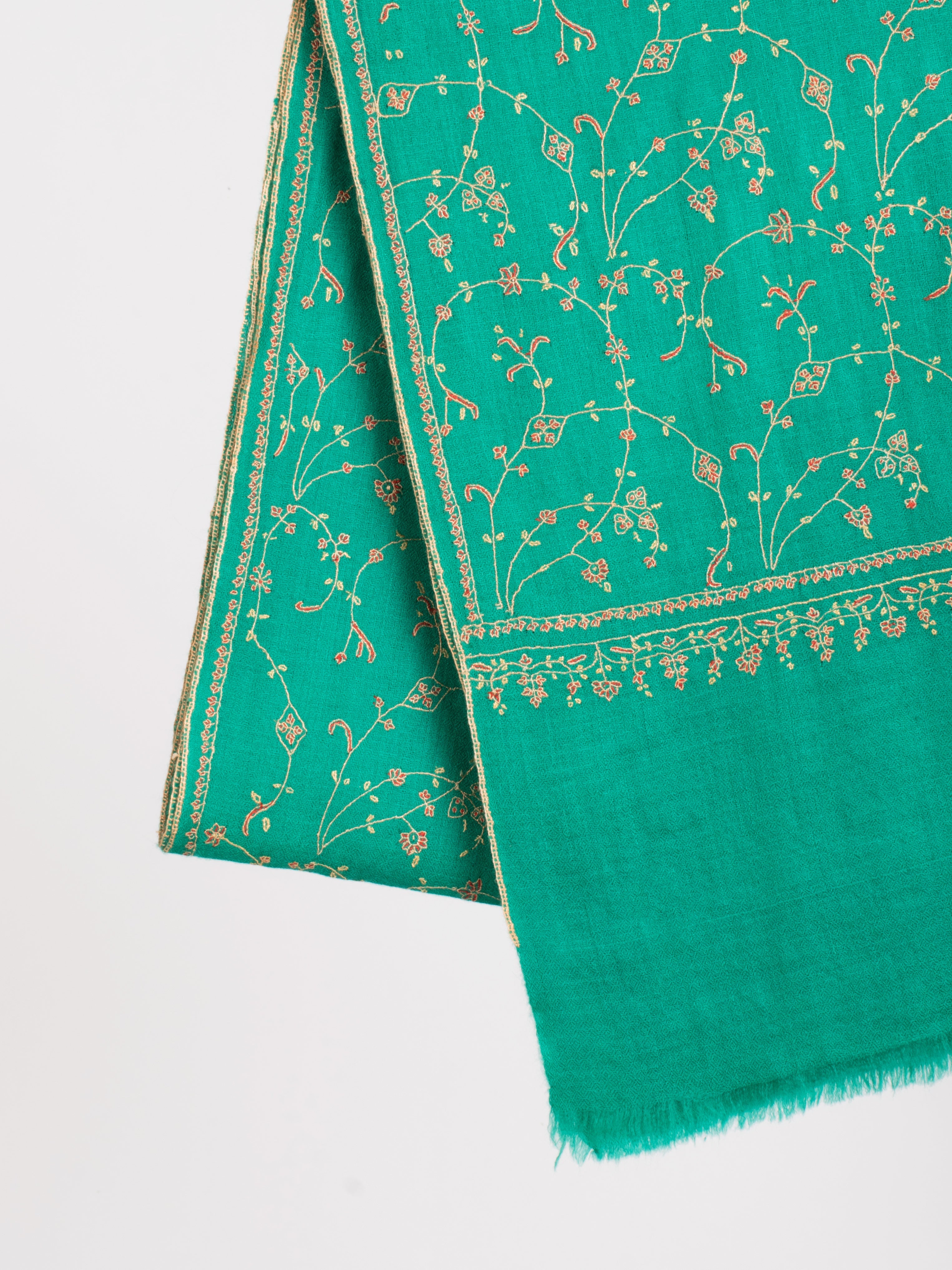 Green Embroidered Indian Cashmere Scarf Shahkaar