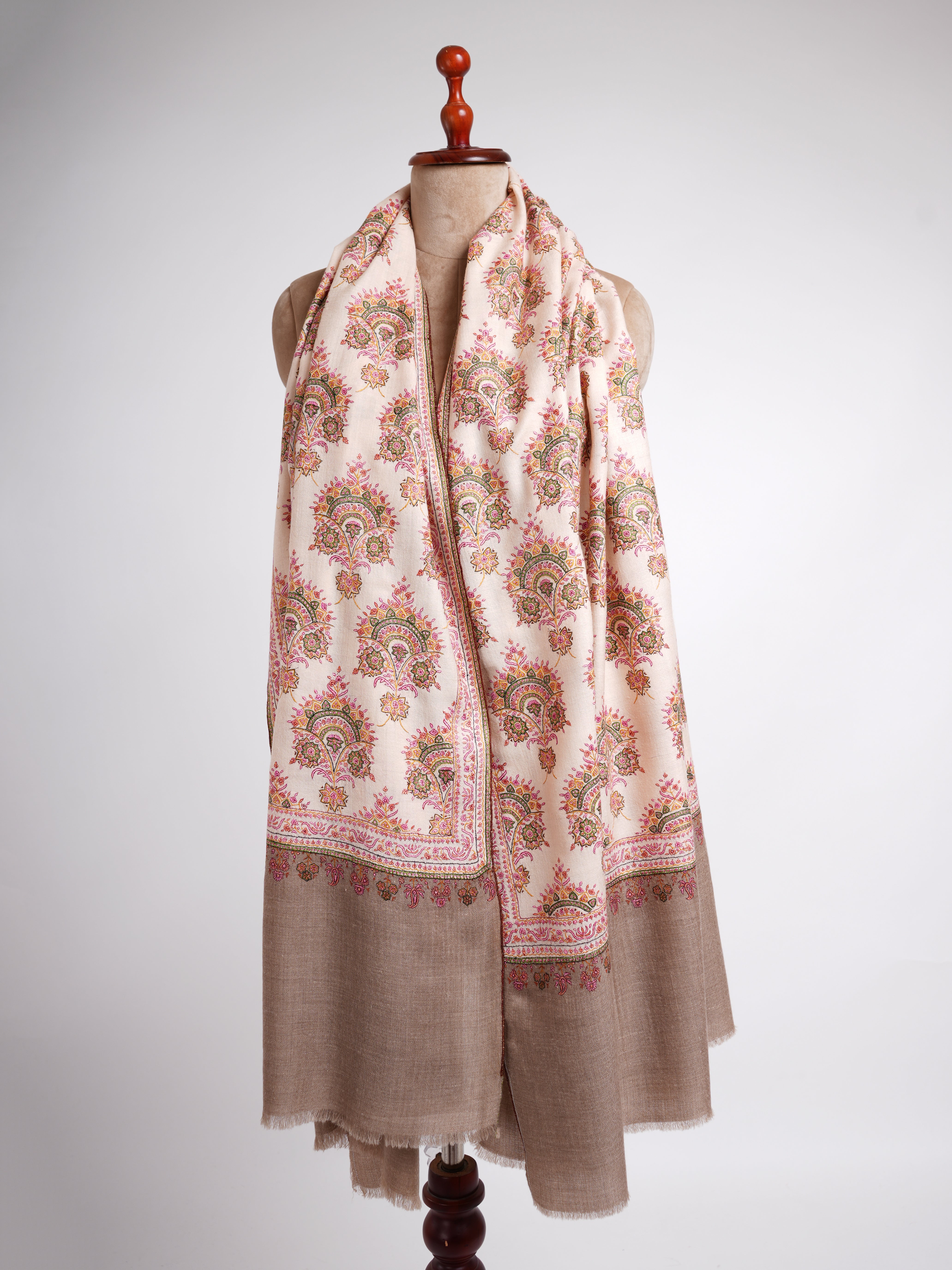 Silk Sozni Hand Embroidered Butah Pashmina Shawl Natural