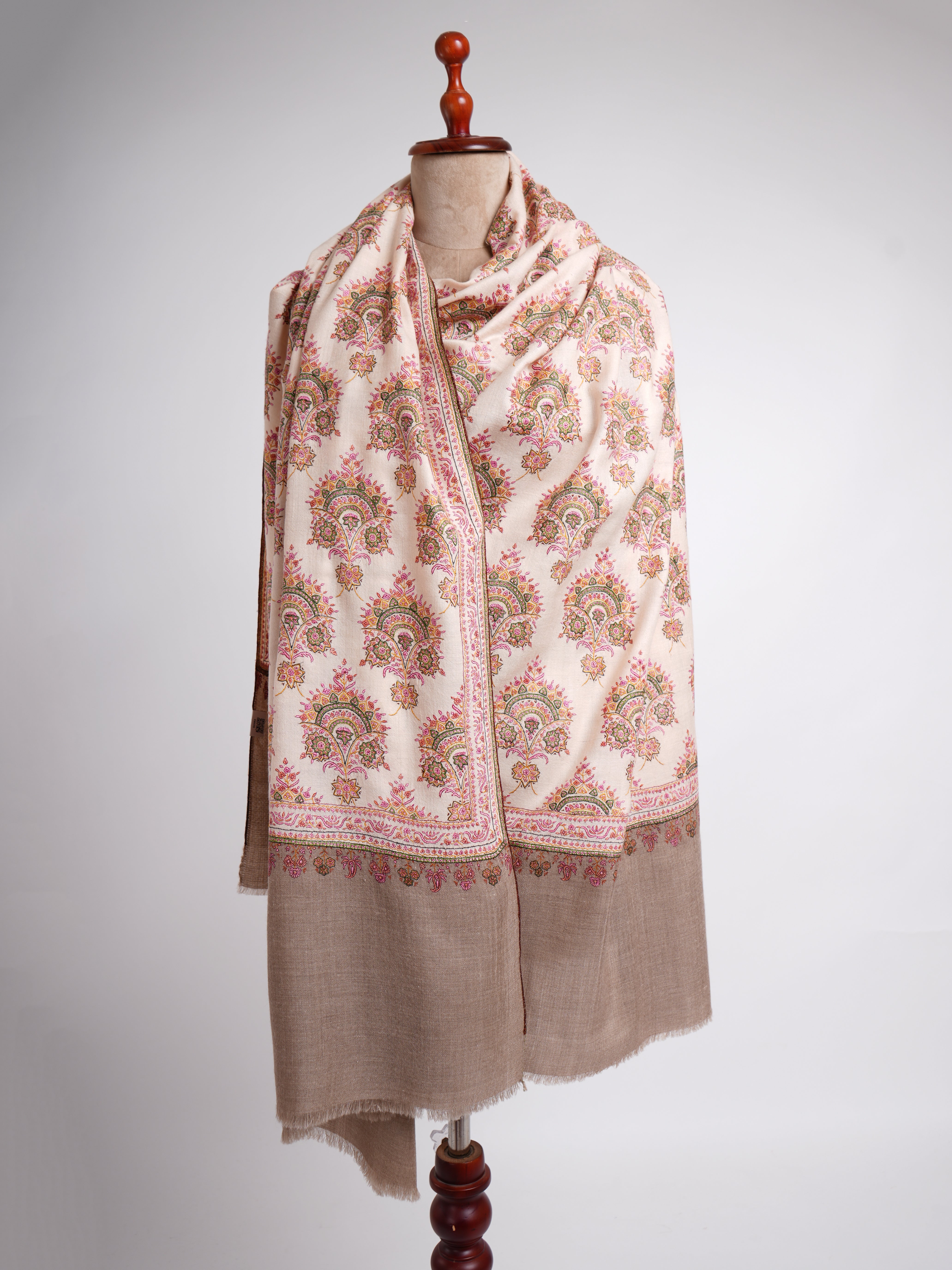 Silk Sozni Hand Embroidered Butah Pashmina Shawl Natural