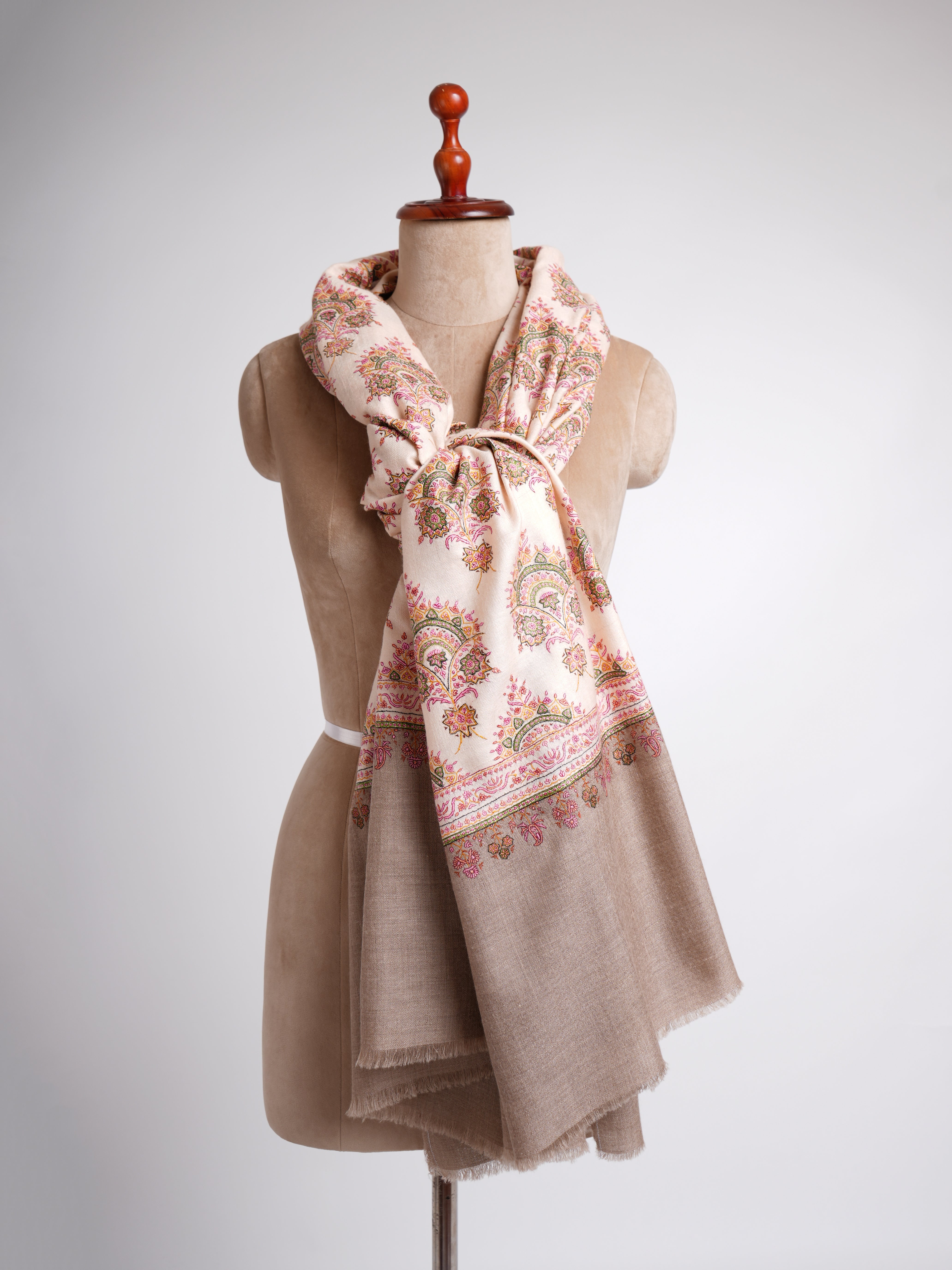 Silk Sozni Hand Embroidered Butah Pashmina Shawl Natural