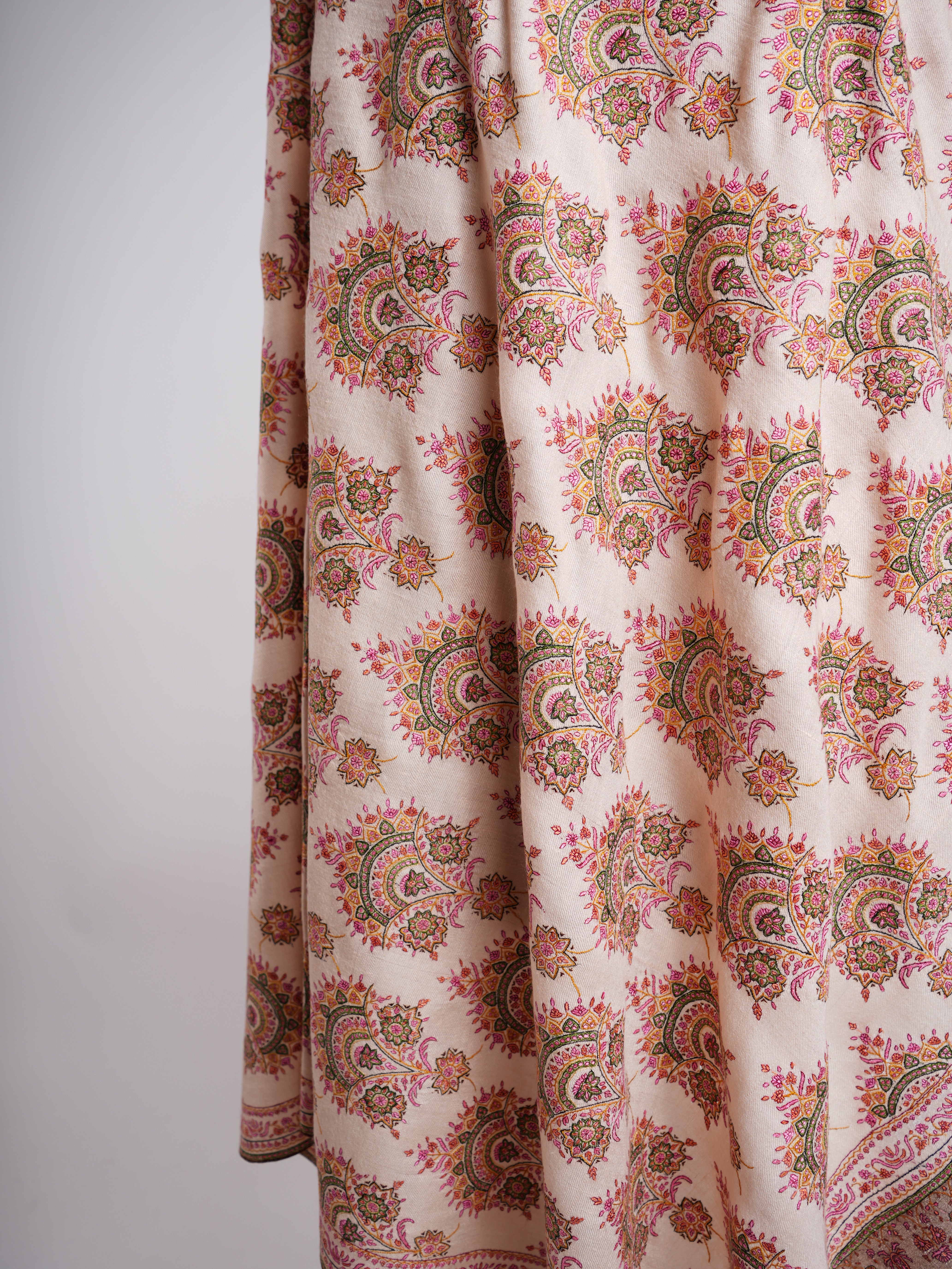 Silk Sozni Hand Embroidered Butah Pashmina Shawl Natural