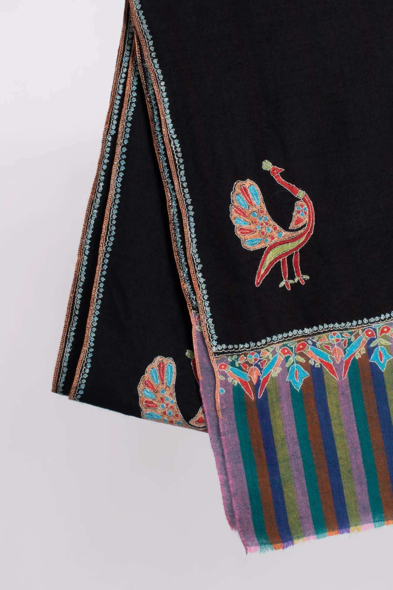 Dancing Peacock Black Pashmina Shawl - BUNDI Shahkaar
