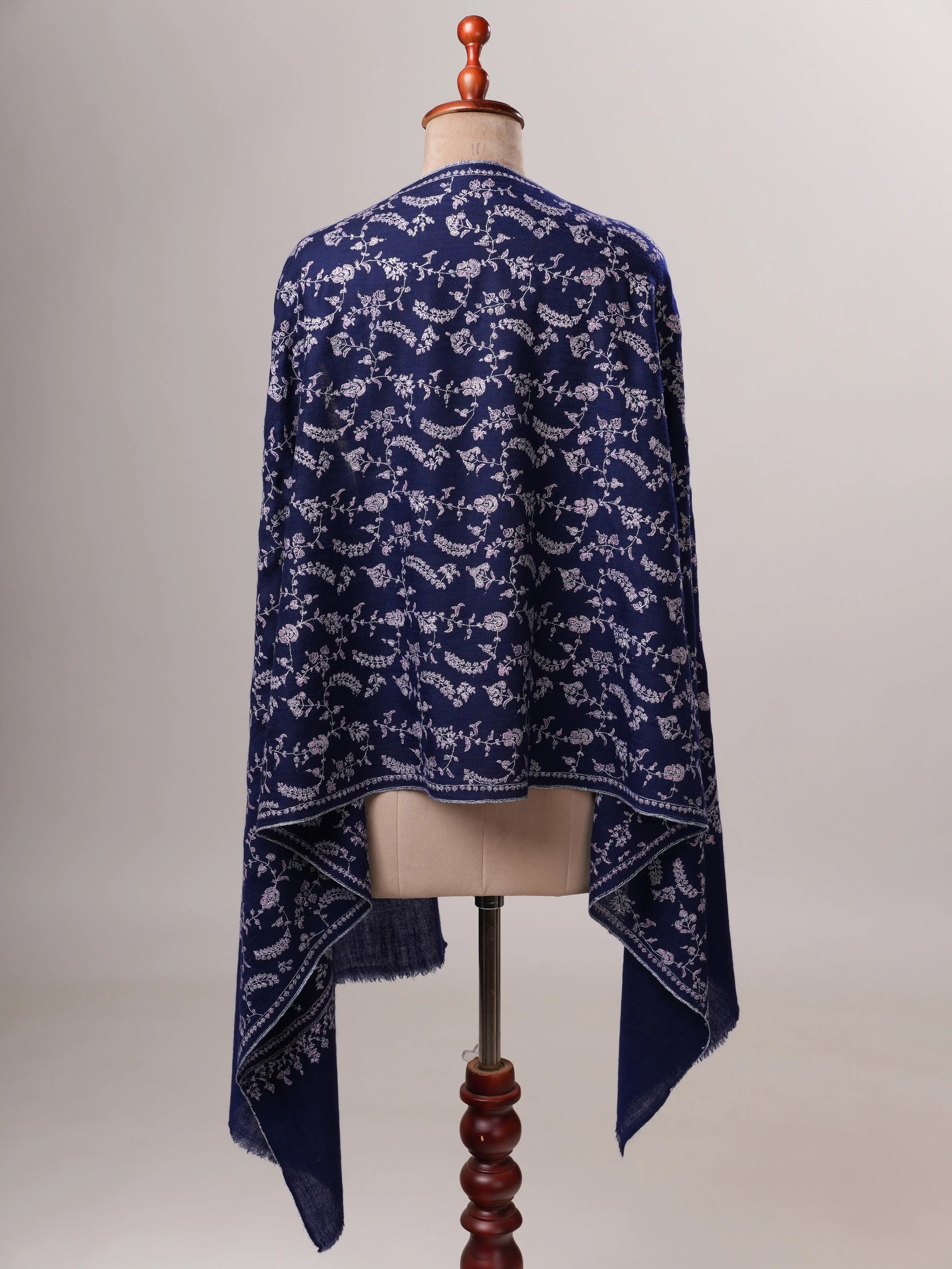 Dark Blue Baby Soft Cashmere Scarf with All Over Hand Embroidered Jali Shahkaar