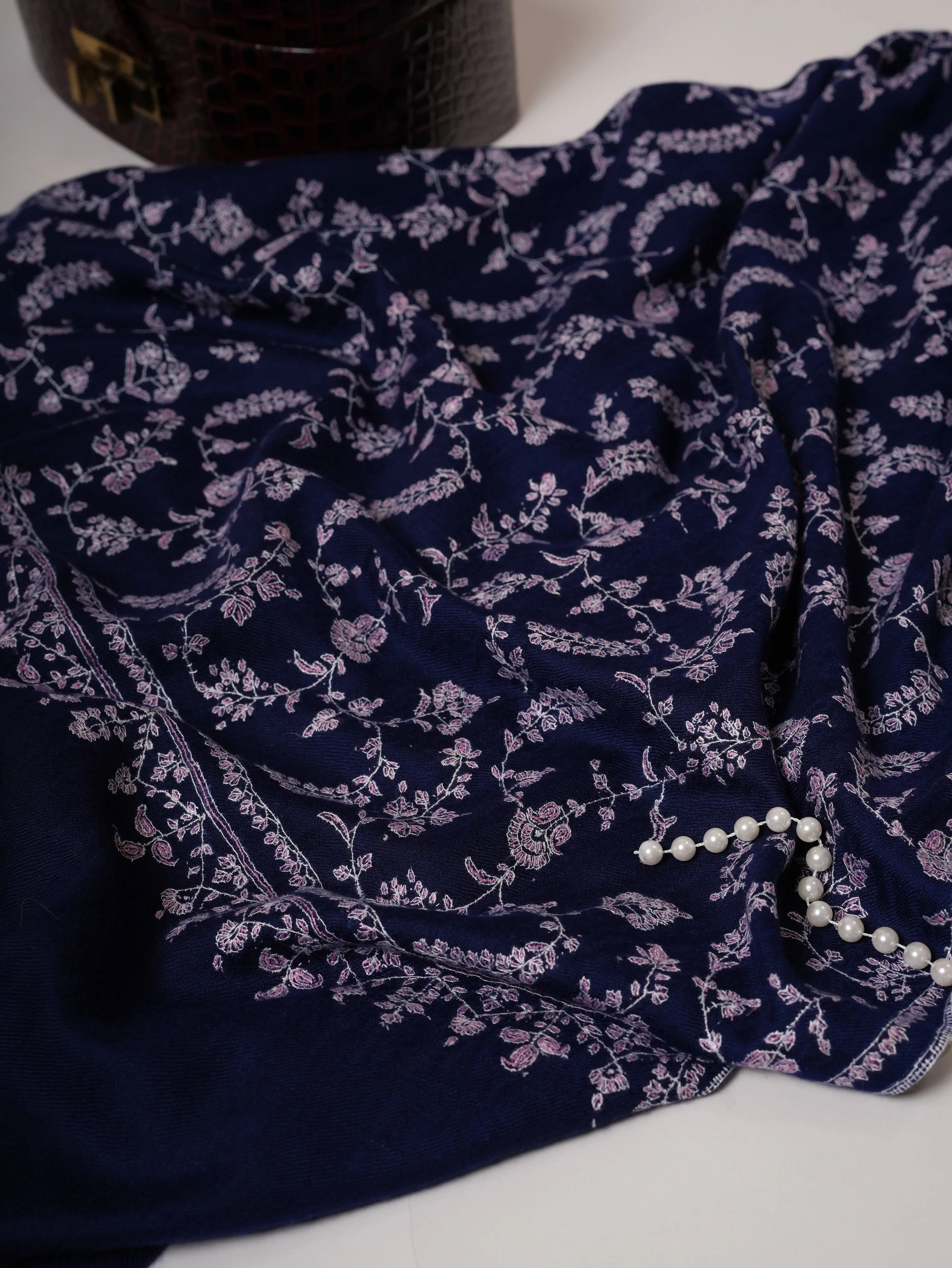 Dark Blue Baby Soft Cashmere Scarf with All Over Hand Embroidered Jali Shahkaar