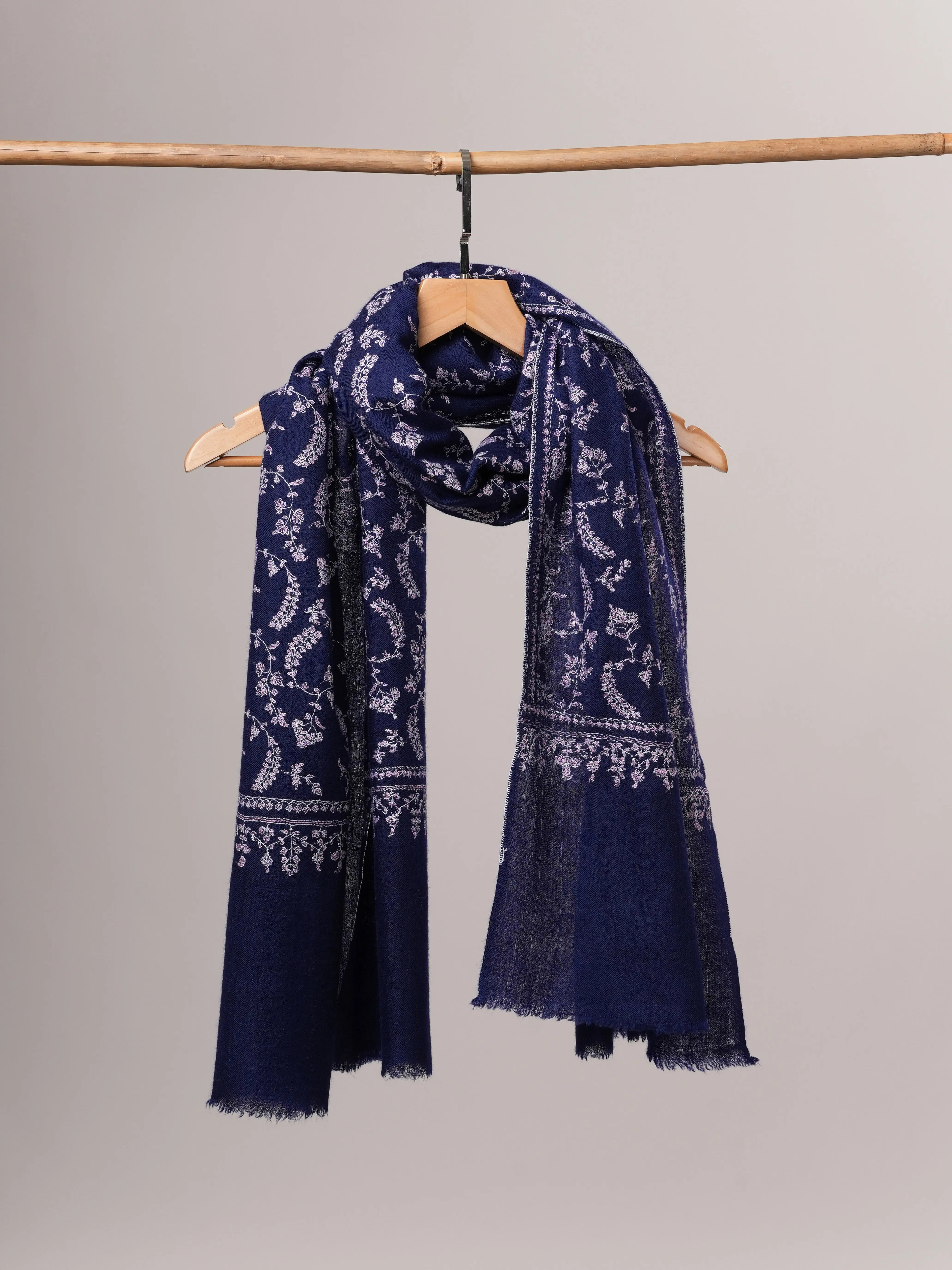 Dark Blue Baby Soft Cashmere Scarf with All Over Hand Embroidered Jali Shahkaar