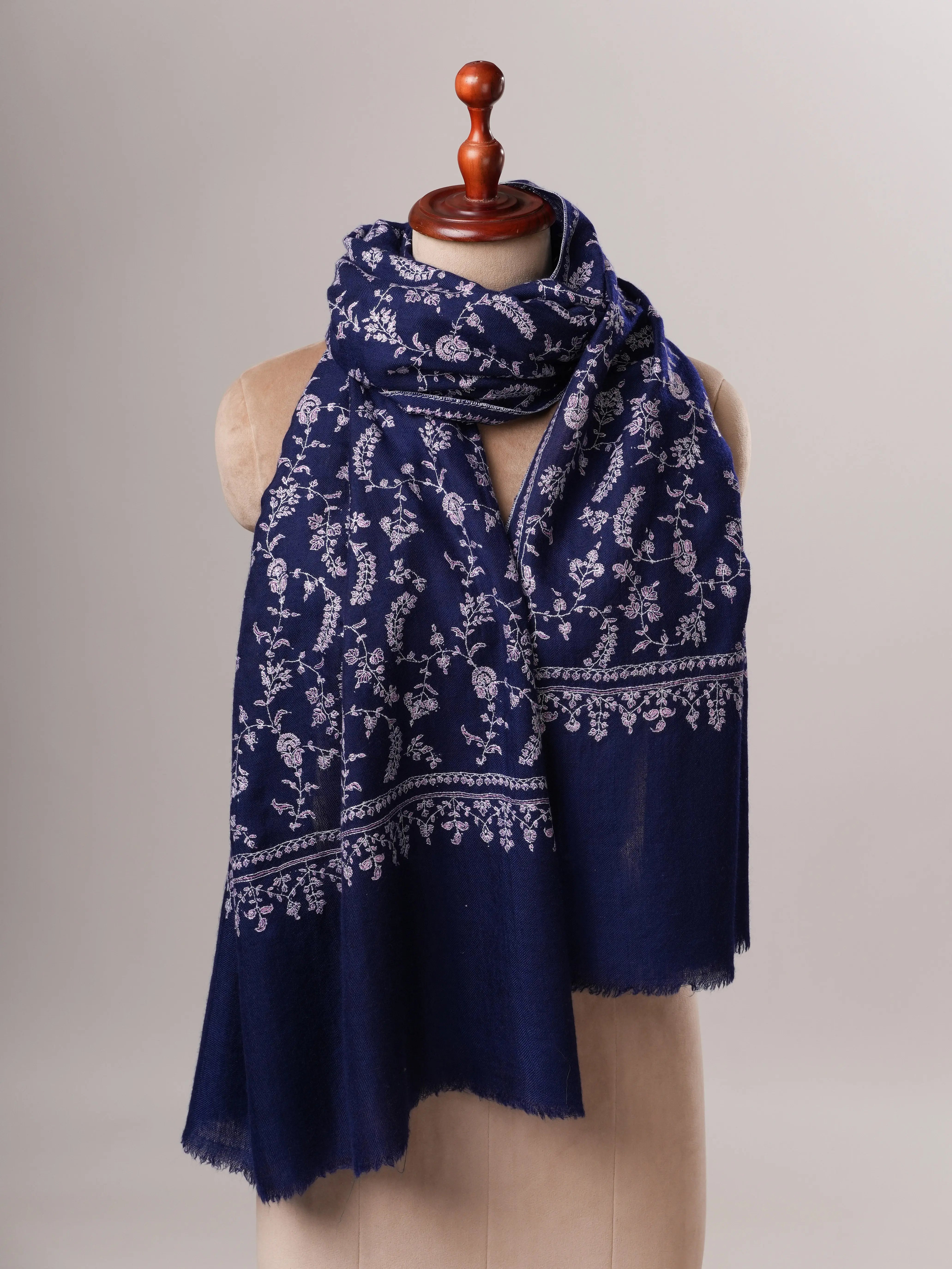 Dark Blue Baby Soft Cashmere Scarf with All Over Hand Embroidered Jali Shahkaar