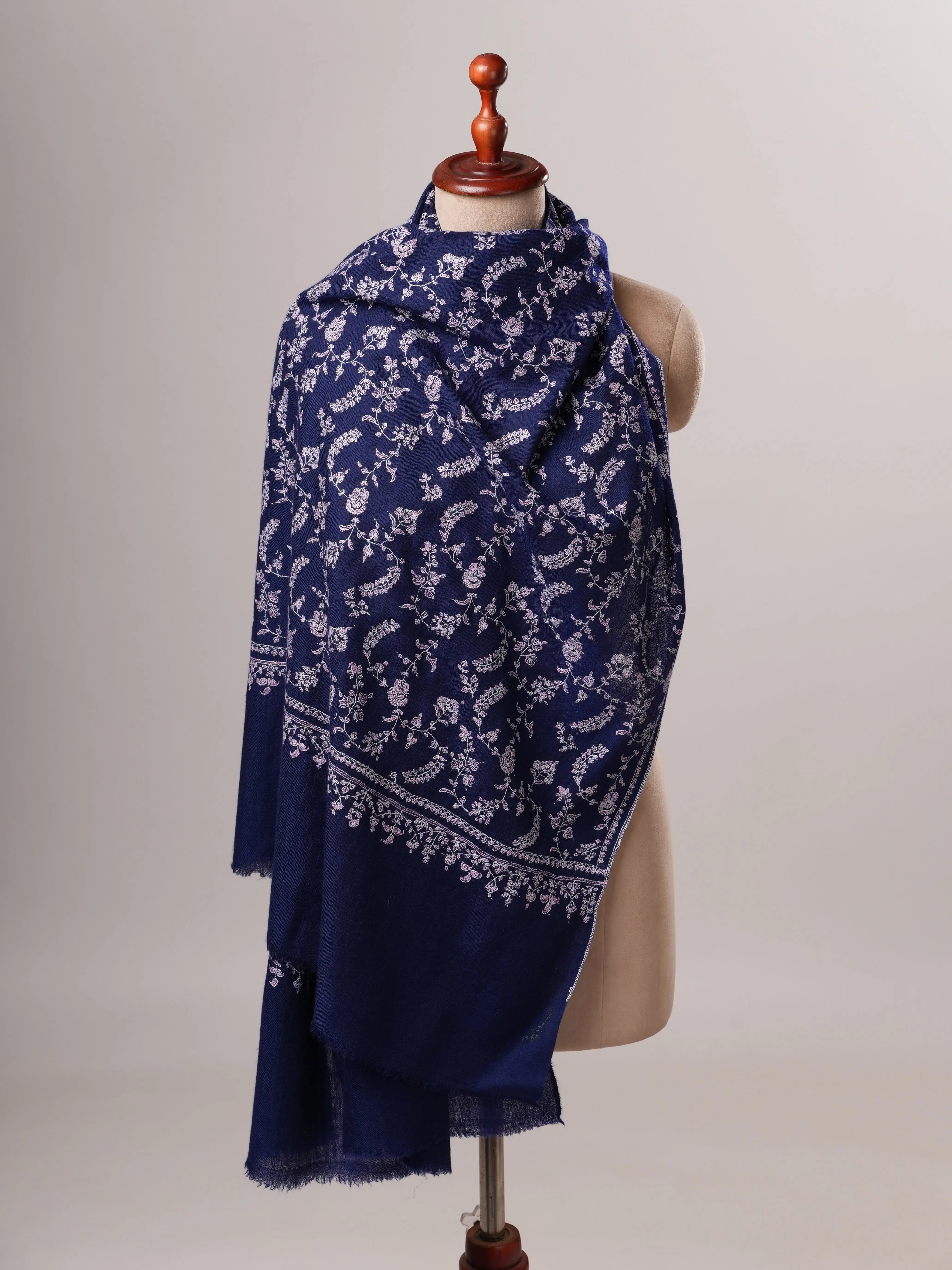 Dark Blue Baby Soft Cashmere Scarf with All Over Hand Embroidered Jali Shahkaar