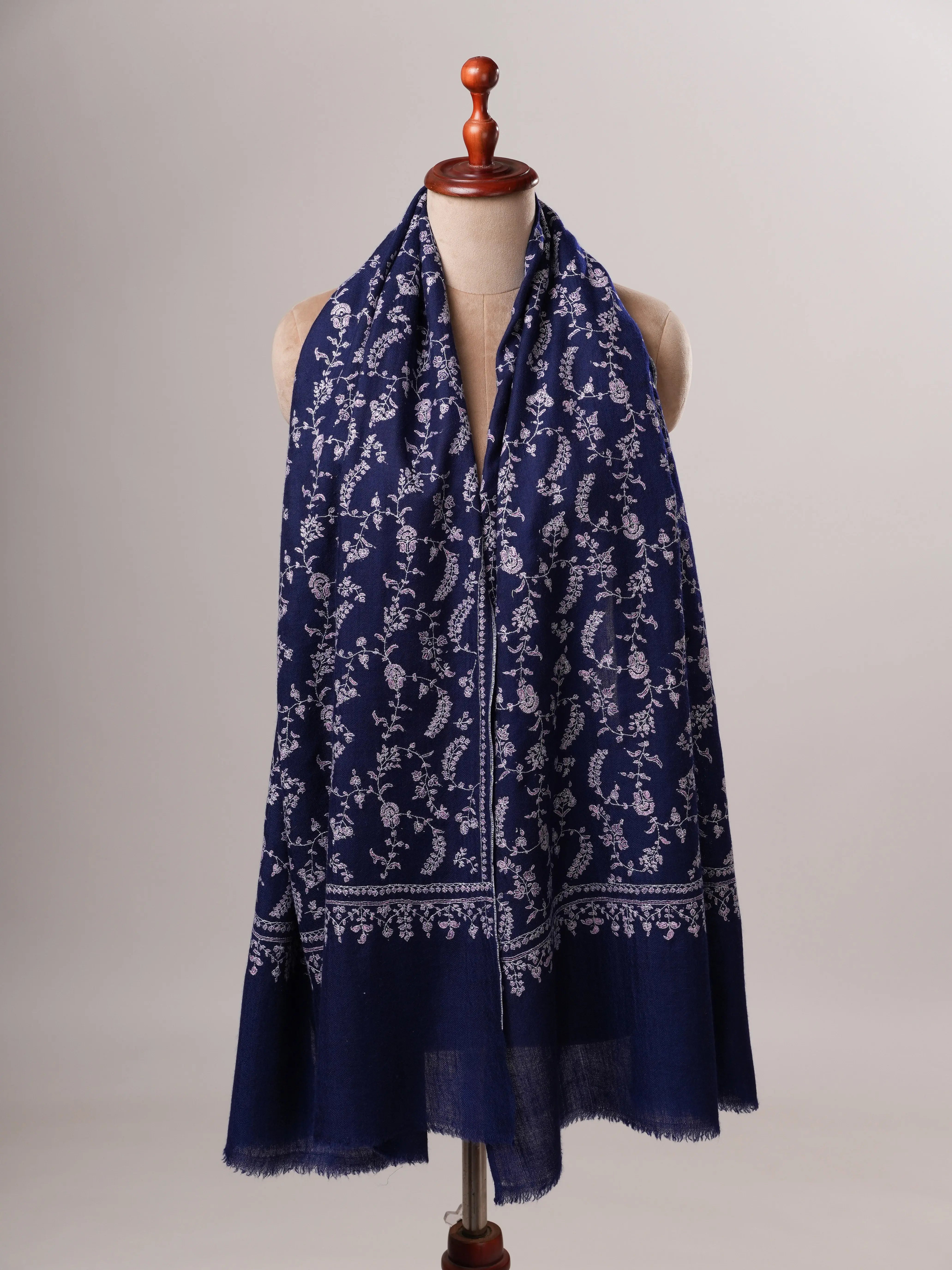 Dark Blue Baby Soft Cashmere Scarf with All Over Hand Embroidered Jali Shahkaar