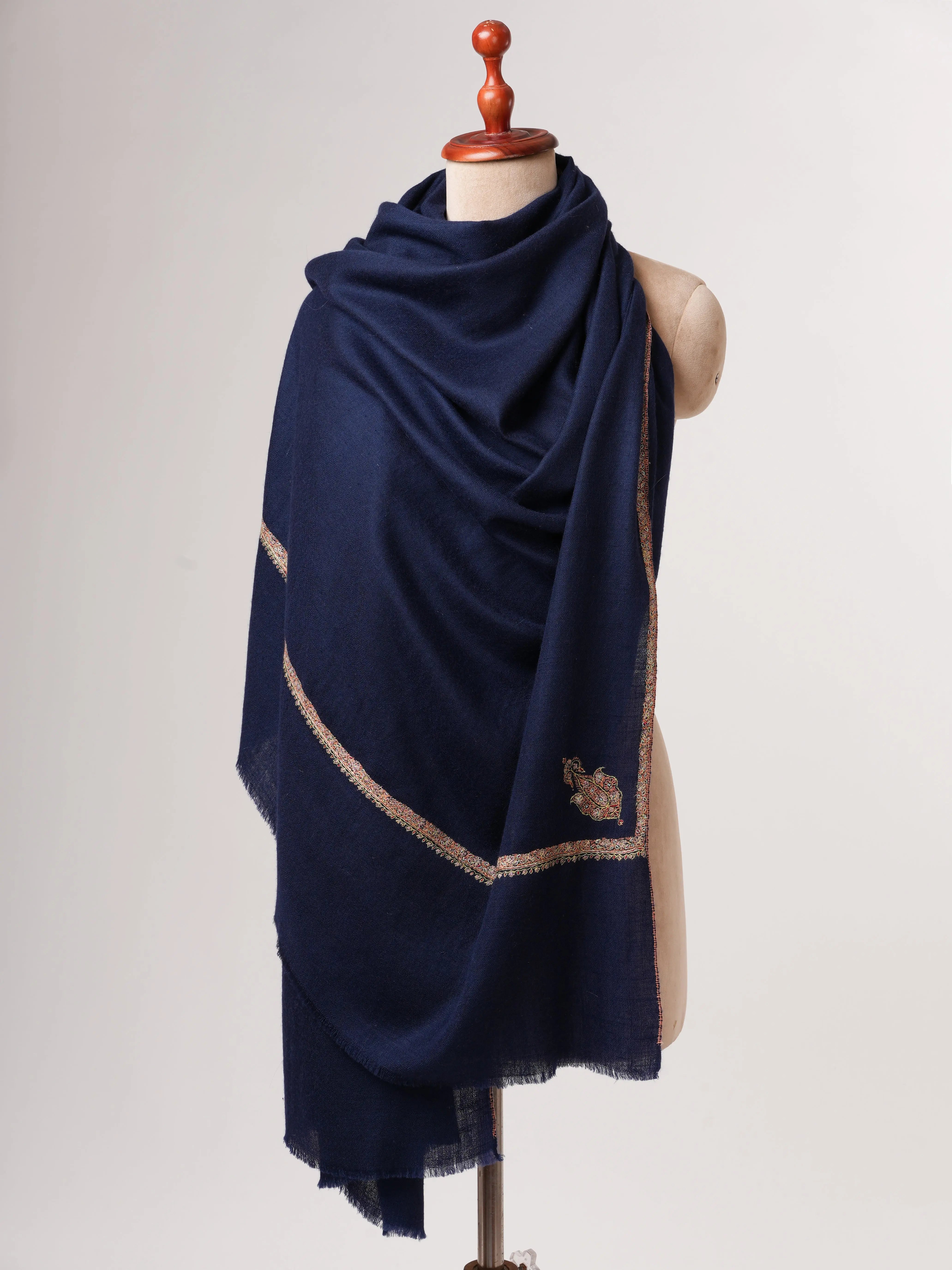 Dark Blue Bail Embroidered Soft Pashmina Shawl – Handcrafted Luxury Shahkaar